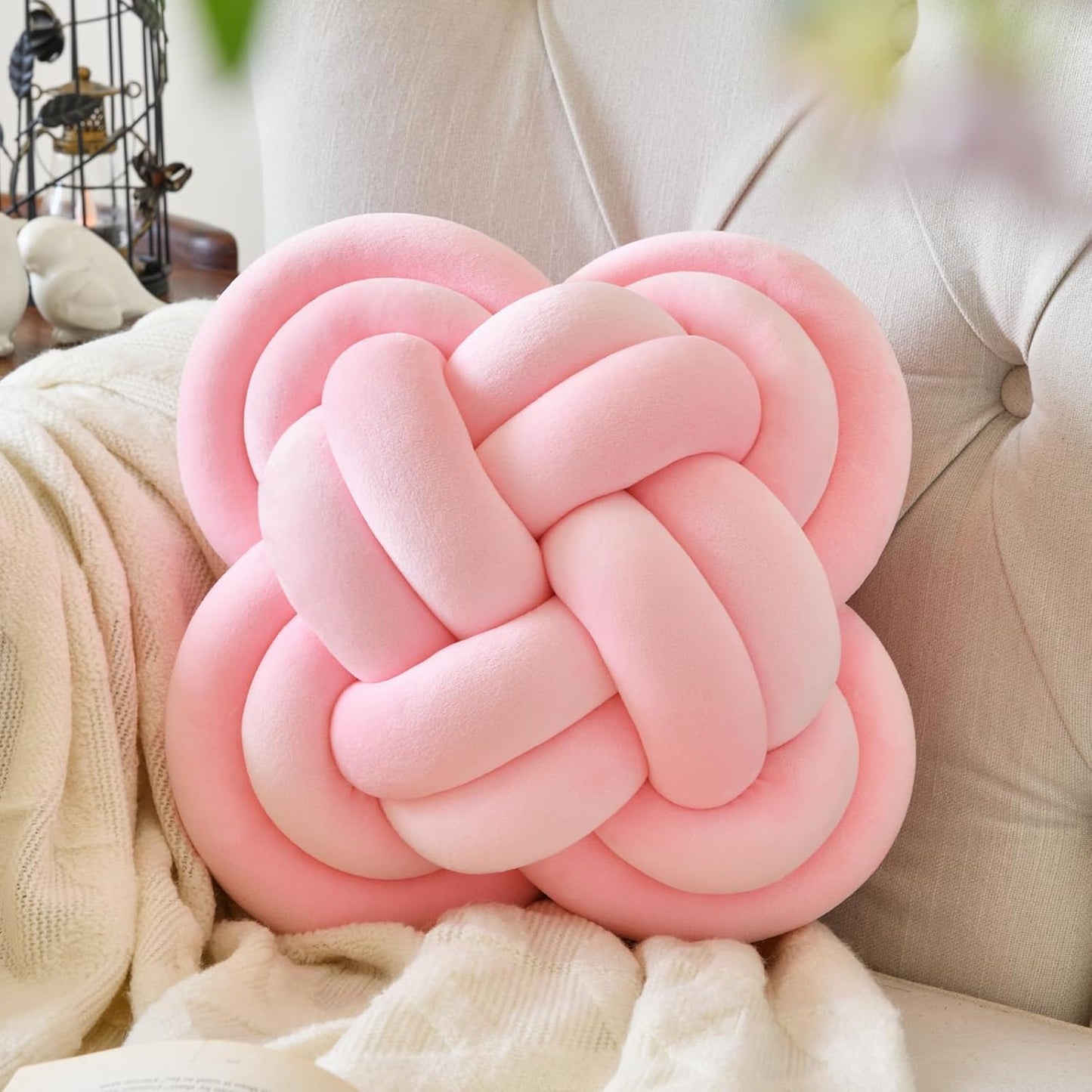 Xuyier Knot Pillow Ball, Decorative Throw Pillows with Velvet Fabric for Couch Bed, 12" Decor Knotted Square Floor Pillow Cushions for Living Room (12 Inches, Beige)