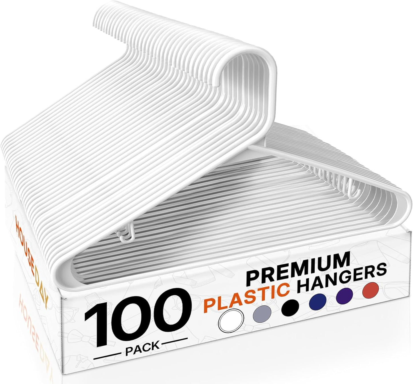 HOUSE DAY White Plastic Hangers 50 Pack, Plastic Clothes Hangers with Built-in Hooks, Durable and Strong Plastic Coat Hangers for Closet, Space Saving Clothing Hanger for Shirts, Coats, Skirt, Dress