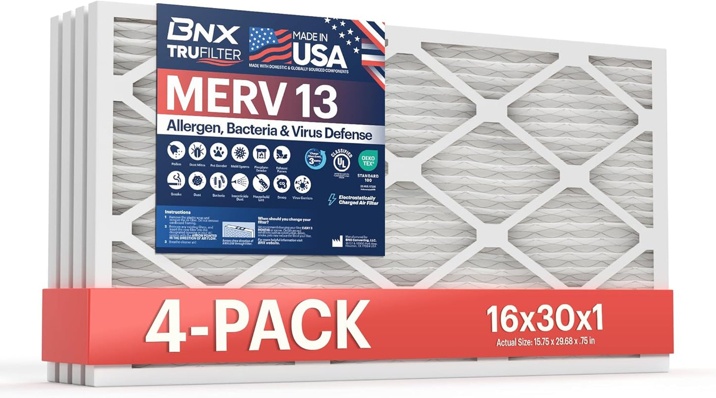 BNX TruFilter 20x20x1 MERV 13 (4-Pack) AC Furnace Air Filter - MADE IN USA - Electrostatic Pleated Air Conditioner HVAC AC Furnace Filters - Removes Pollen, Mold, Bacteria, Smoke