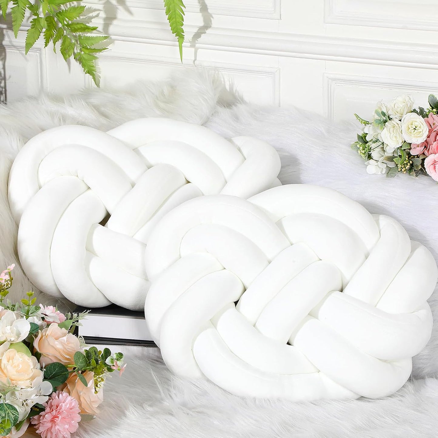 Sintuff Set of 2 Velvet Knot Pillow Ball 14 x 16 Inch Soft Decorative Knotted Throw Pillow for Christmas Thanksgiving Couch Home Sofa Bedroom Decor to Add Comfort and Style(White and Gray)
