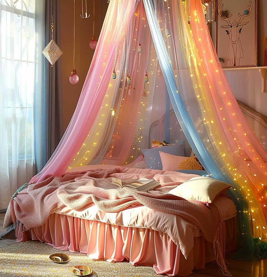 Comtelek Bed Canopy with Lights,Mosquito Net Bed Canopy for Girls Canopy Bed Curtains Full Queen Size from Ceiling,Dome Mosquito Netting Bed Tent Twin Girls Princess Canopy King Bed Decor