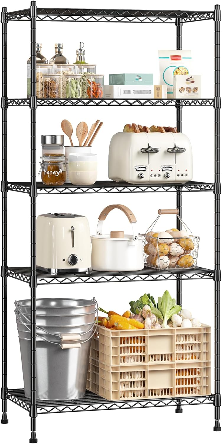 5 Tier Storage Shelves 71"H Wire Shelving Adjustable Metal Shelving,1000LBS Pantry Shelves Sturdy Steel Wire Shelf for Kitchen Commercial Pantry Garage Warehouse ,71"H X35.5"W X13.8"D, Black
