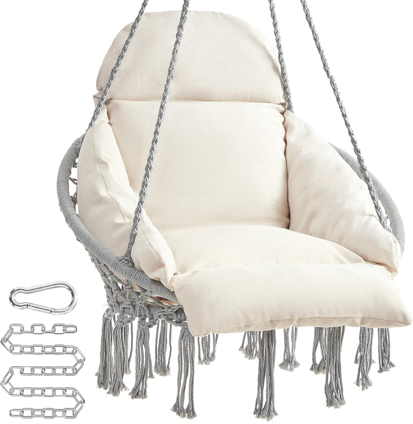 SONGMICS Hanging Chair, Hammock Chair with Large, Thick Cushion, Boho Swing Chair for Bedroom, Patio, Balcony, Garden, Holds up to 264 lb, Accessories Included, Cream White UGDC042M01