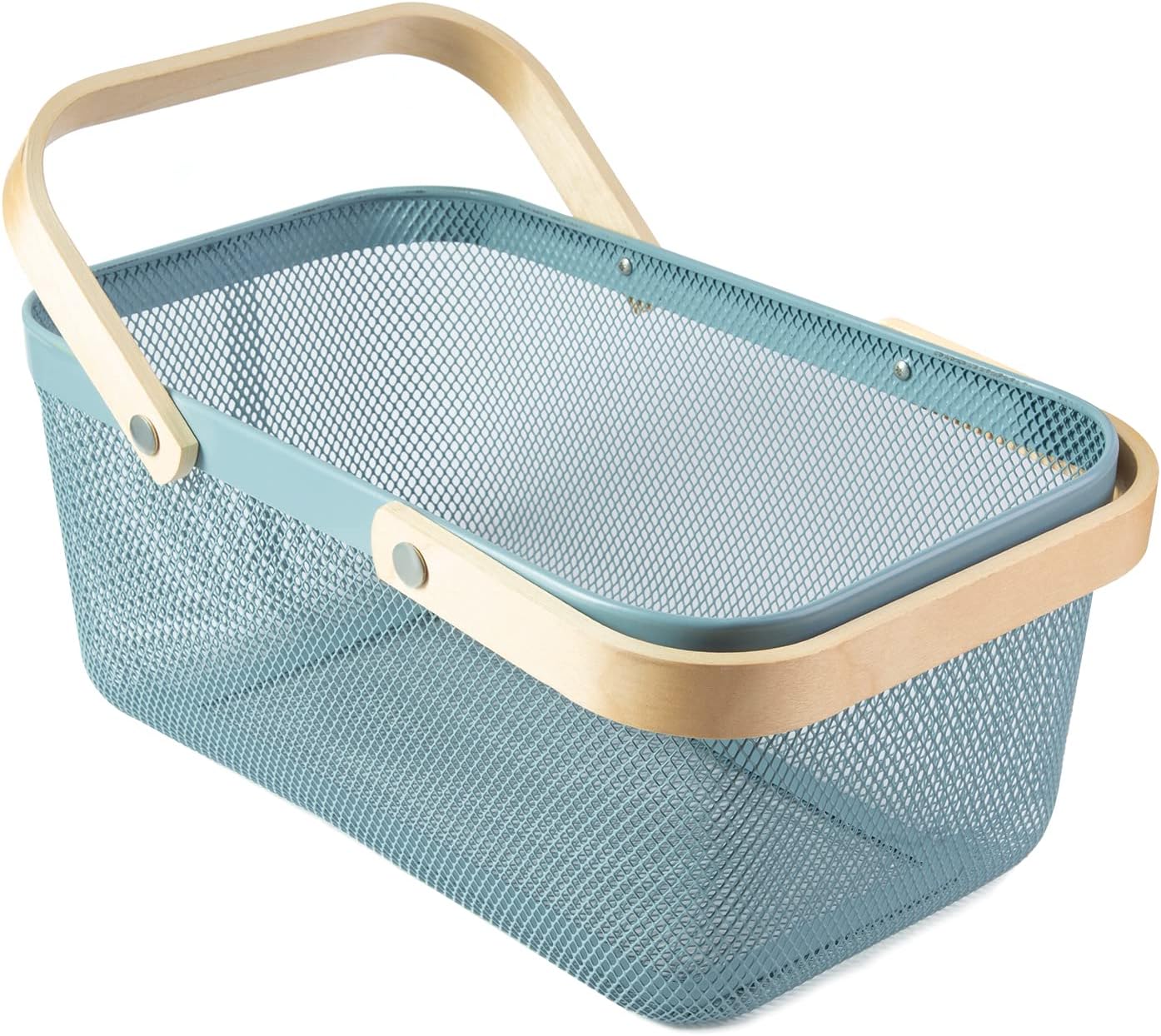 Portable Garden Harvest Basket-Mesh Design Natural Bamboo Handle Wire Storage Baskets,Mesh Basket with Handle Organize Items Reduce Space Occupation,Suitable for Kitchen,Garden,Picnic(Black)