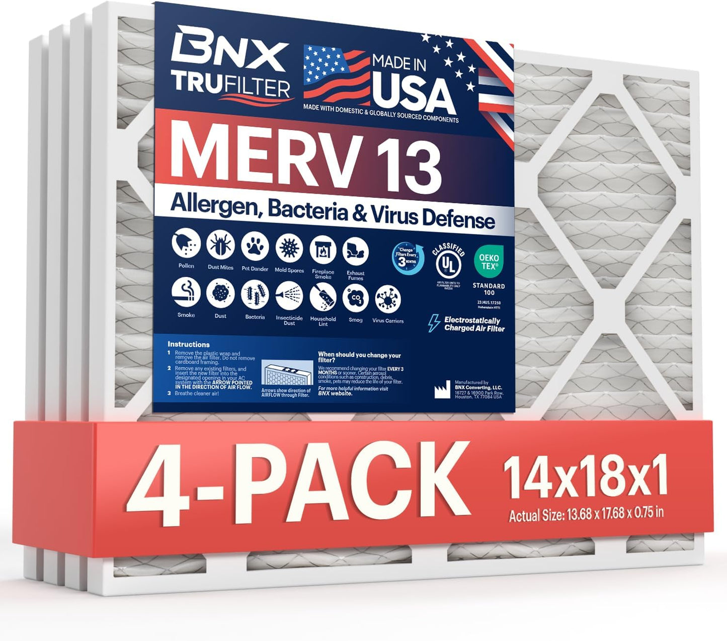 BNX TruFilter 20x20x1 MERV 13 (4-Pack) AC Furnace Air Filter - MADE IN USA - Electrostatic Pleated Air Conditioner HVAC AC Furnace Filters - Removes Pollen, Mold, Bacteria, Smoke