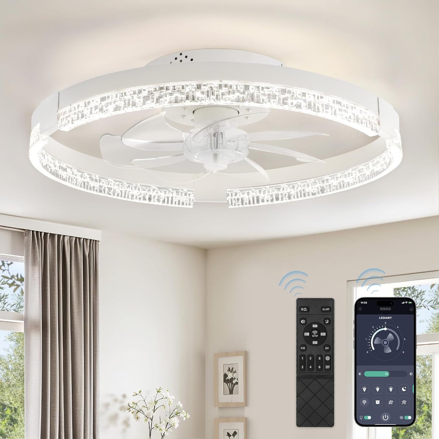 LEDIARY 20 Inch Low Profile Ceiling Fans with Lights and Remote, Fandelier Ceiling Fan Flush Mount, 3000K-6000K Dimmable LED Fan Light, White Modern Ceiling Fans with Lights for Bedroom