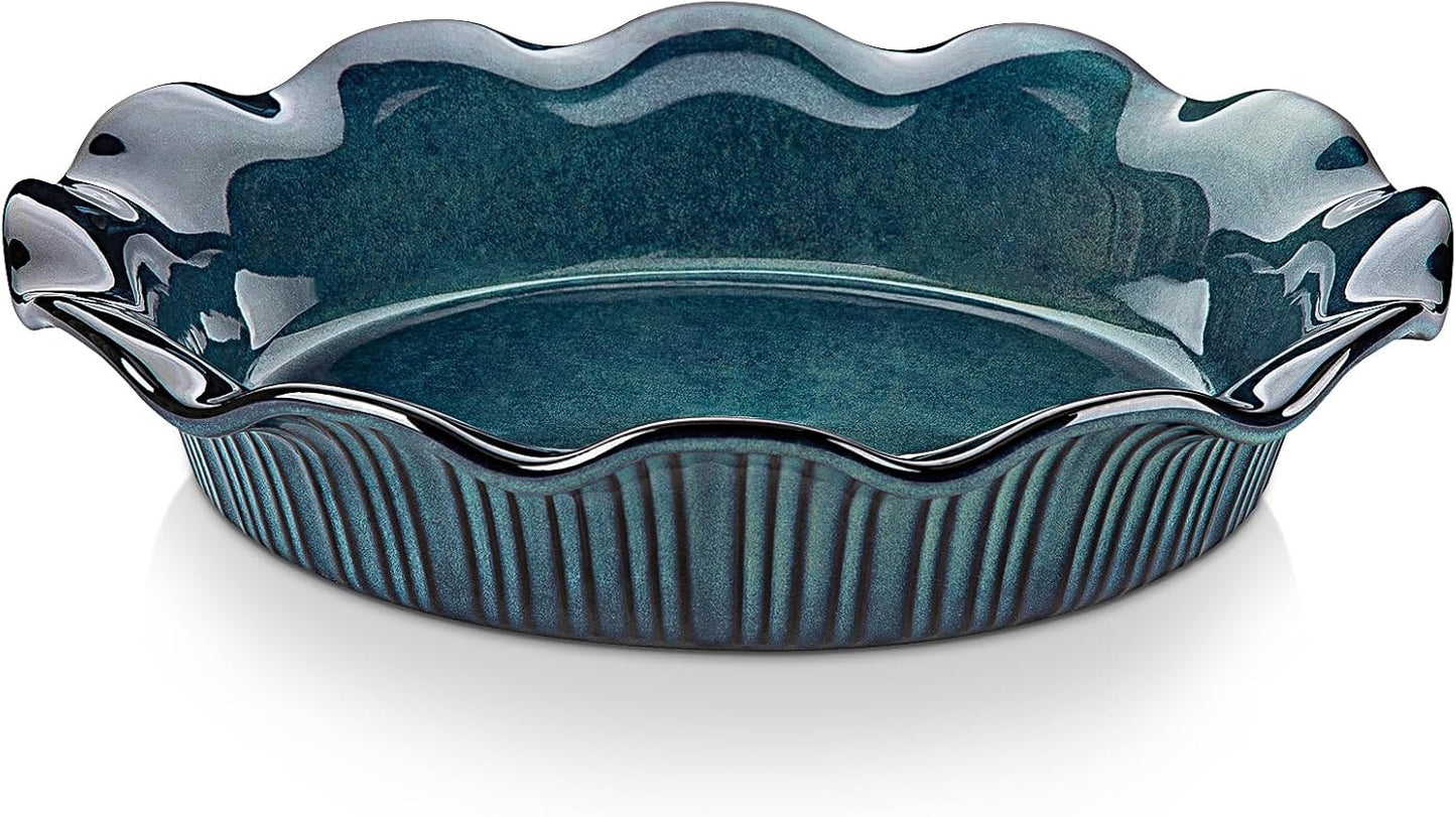 vancasso Ceramic Pie Pan for Baking, 9 inch Deep Pie Plates for Apple Pie, Pot Pie, Tart and Quiche, Reactive Glaze Fluted Pie Pans, Large Pie Dish with Ruffled Edge, Blue, STERN Series