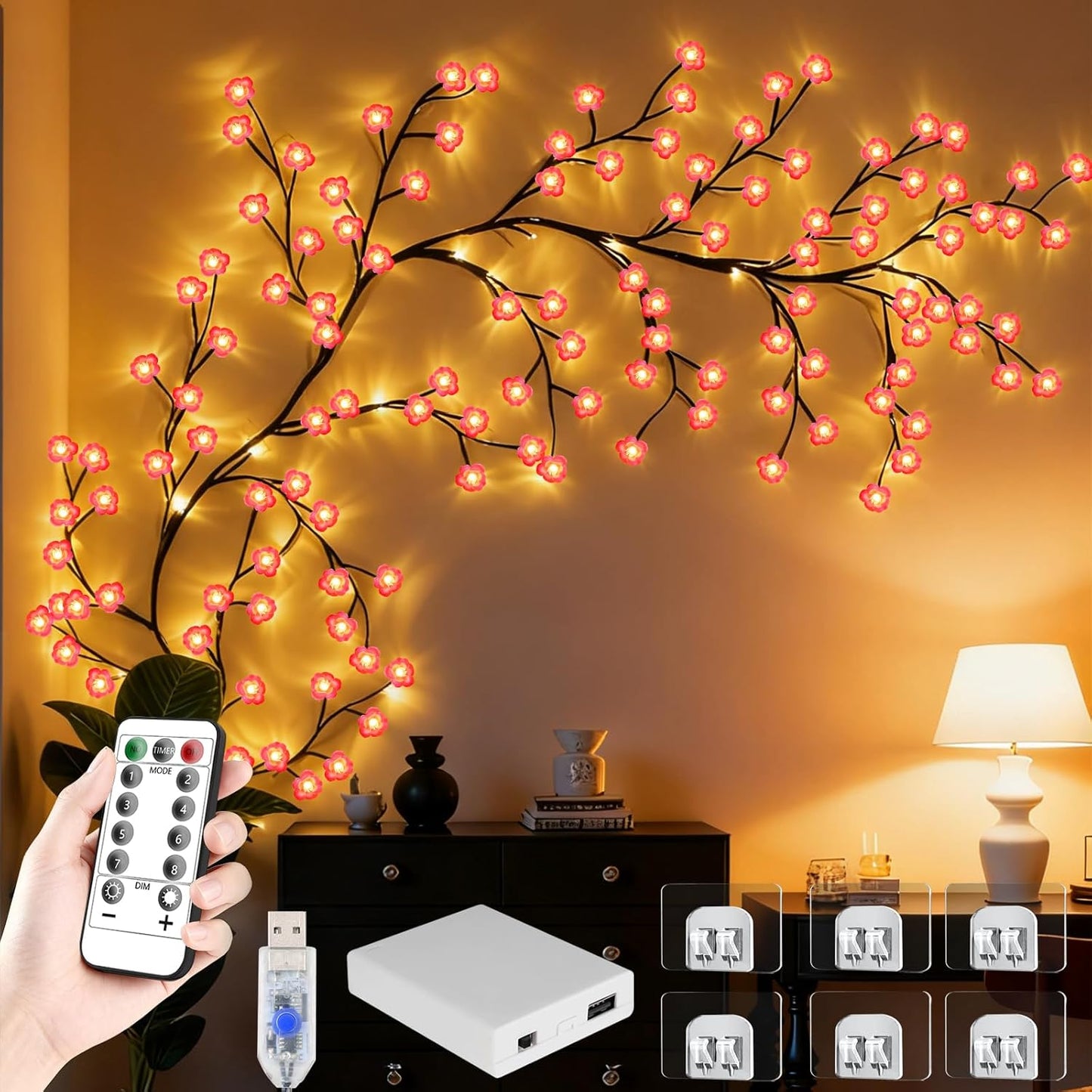 Cherry Enchanted Willow Vine Lights, 4FT 48LED Pink Cherry Blossom Tree Branch Lights for Wall, Remote Timer,8 Light Model,Bedroom Wall Doors Wedding, Christmas, USB Battery Box