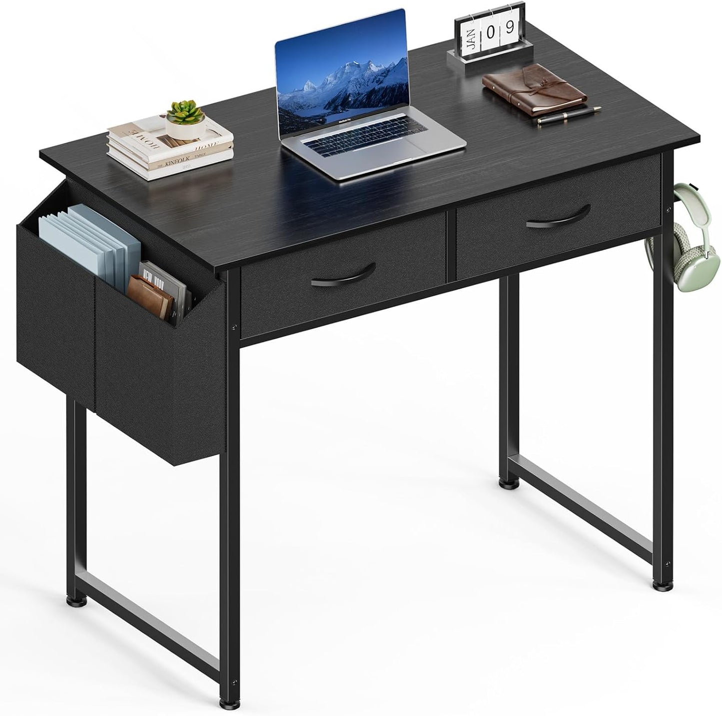 Sweetcrispy Computer Desk with Drawers, 47 Inch Home Office Bedroom Table with 4 Fabric Drawers & 2 Mesh Storage Shelves, Wood Table with X-Shaped Structure for Writing Study PC Desk, Brown