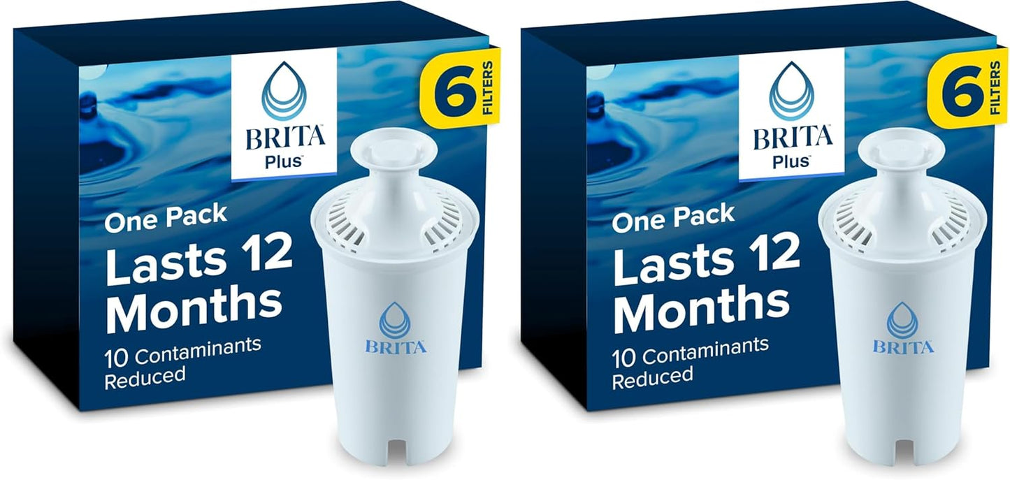 Brita Plus Water Filter, BPA-Free, High-Density Replacement Filter for Pitchers and Dispensers, Reduces 2x Contaminants*, Lasts Two Months or 40 Gallons, Includes 6 Filters