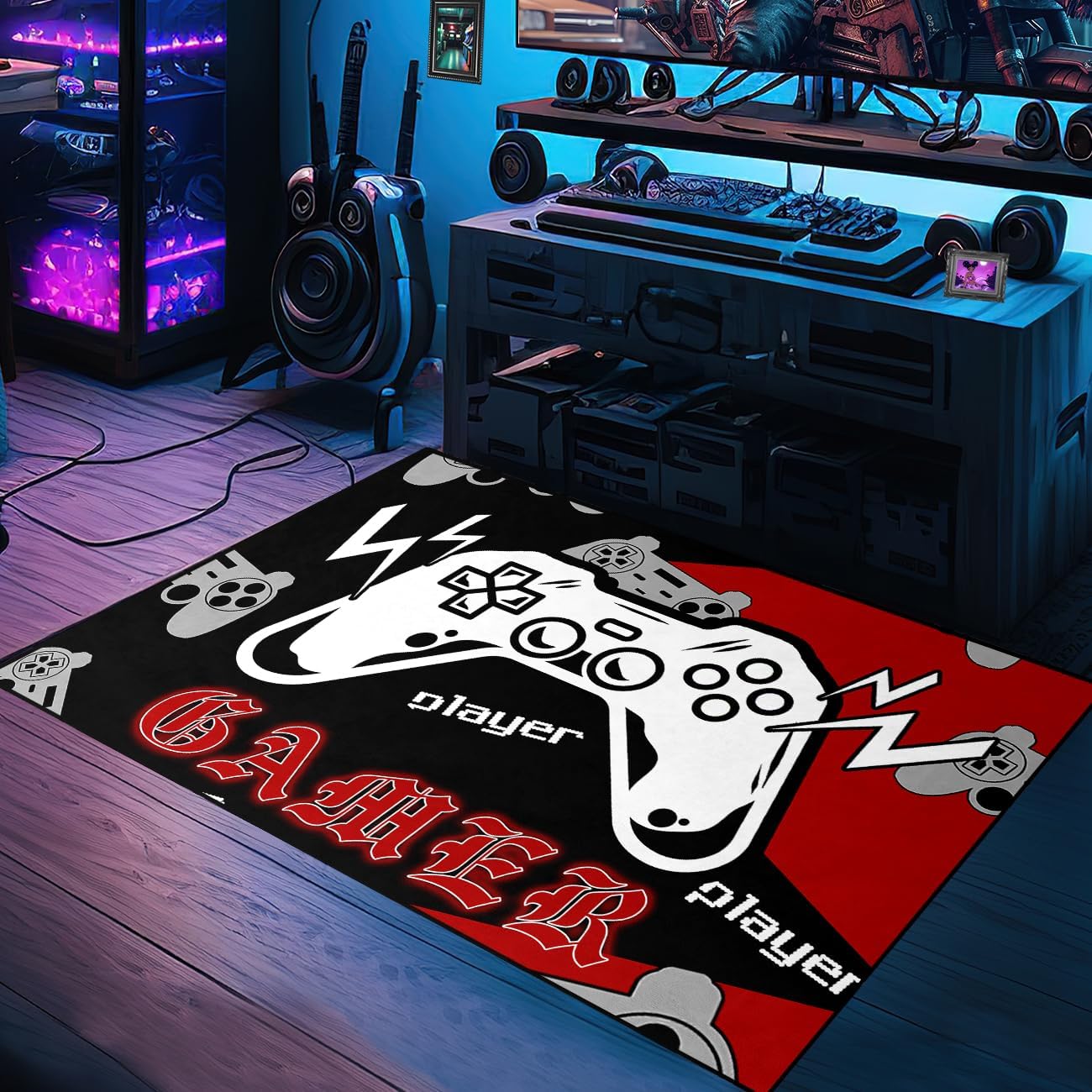 Gaming Area Rugs for Boys Cool Game Style Bedroom, Gamer Rug Boys Room Decor, Video Games Bedroom Carpet for Teens, Controller Gamepad Player Standing Throw Doormats Yoga Mat Black