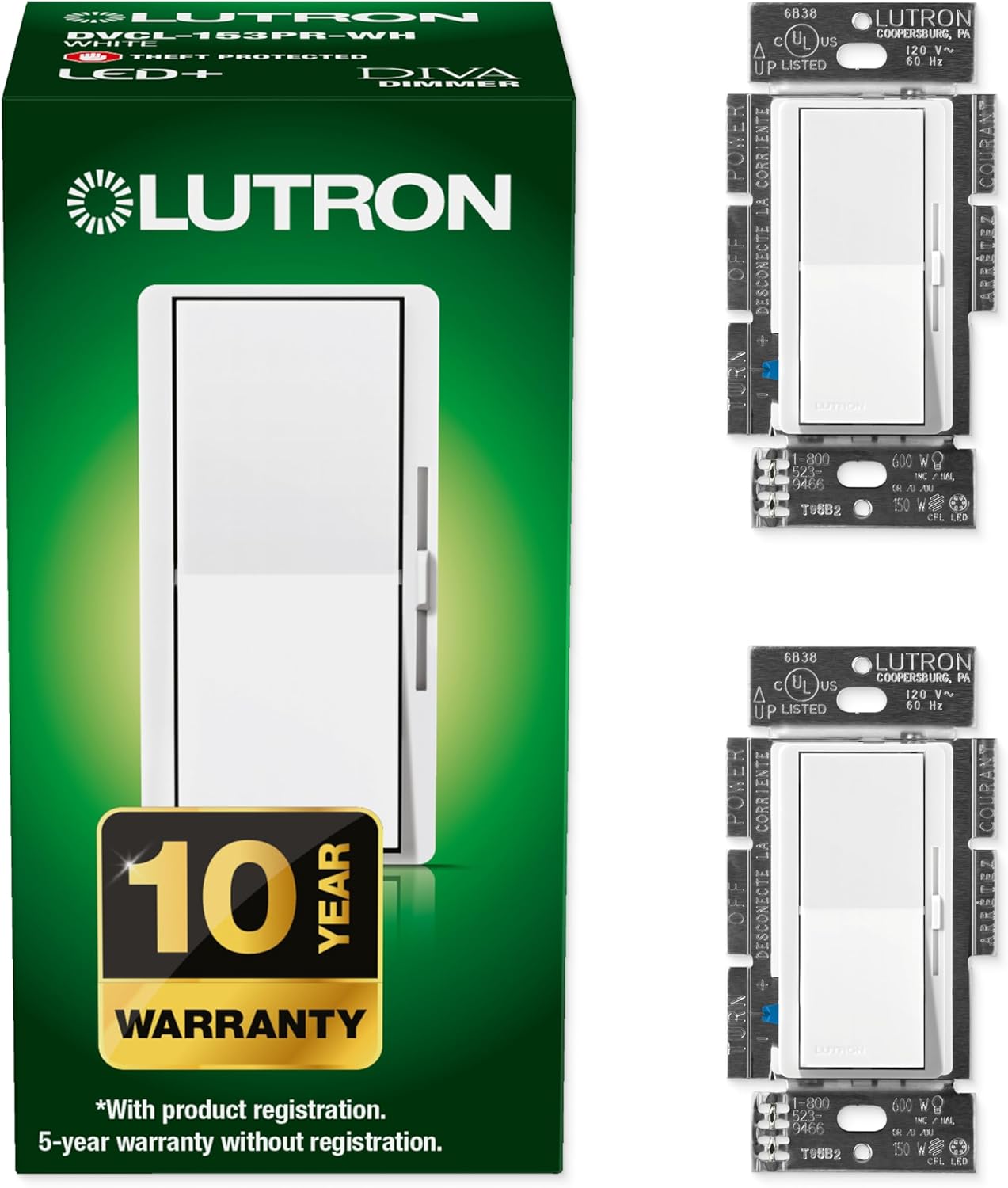 Lutron Diva LED+ Dimmer Light Switch for Dimmable LED, Halogen, and Incandescent Bulbs, 150 Watt, Single-Pole or 3-Way, DVCL-153P-WH, White