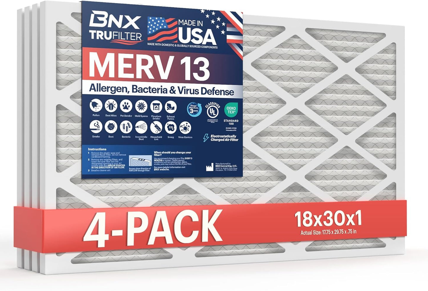 BNX TruFilter 20x20x1 MERV 13 (4-Pack) AC Furnace Air Filter - MADE IN USA - Electrostatic Pleated Air Conditioner HVAC AC Furnace Filters - Removes Pollen, Mold, Bacteria, Smoke