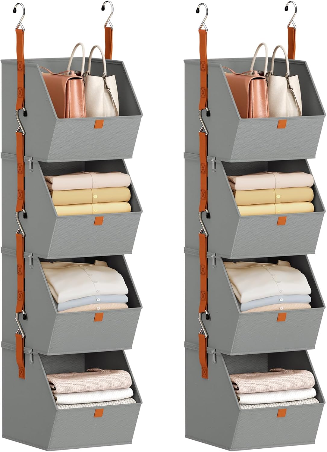 Hanging Closet Organizer 4 Tier - Clothes Hanging Shelves, Space-Saving Closet System, Fabric Storage Bins Bedroom Organization, Collapsible Baskets for Home, Dorm, Rv, Beige