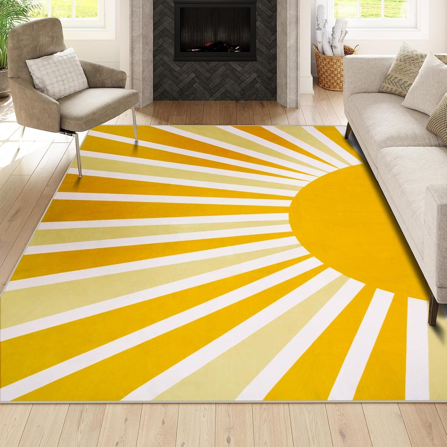 Lahome Boho Round Rugs - 4Ft Washable Non-Slip Small Round Area Rug Throw Soft Sofa Kids Nursery Room Rug Rainbow Sun Print Distressed Round Carpet for Bedroom Entryway Living Room Dining Room