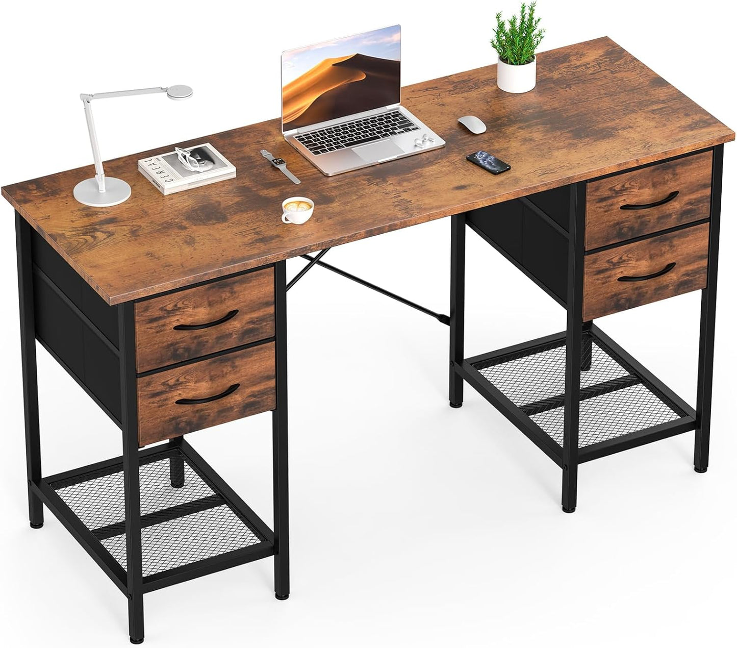 Sweetcrispy Computer Desk with Drawers, 47 Inch Home Office Bedroom Table with 4 Fabric Drawers & 2 Mesh Storage Shelves, Wood Table with X-Shaped Structure for Writing Study PC Desk, Brown