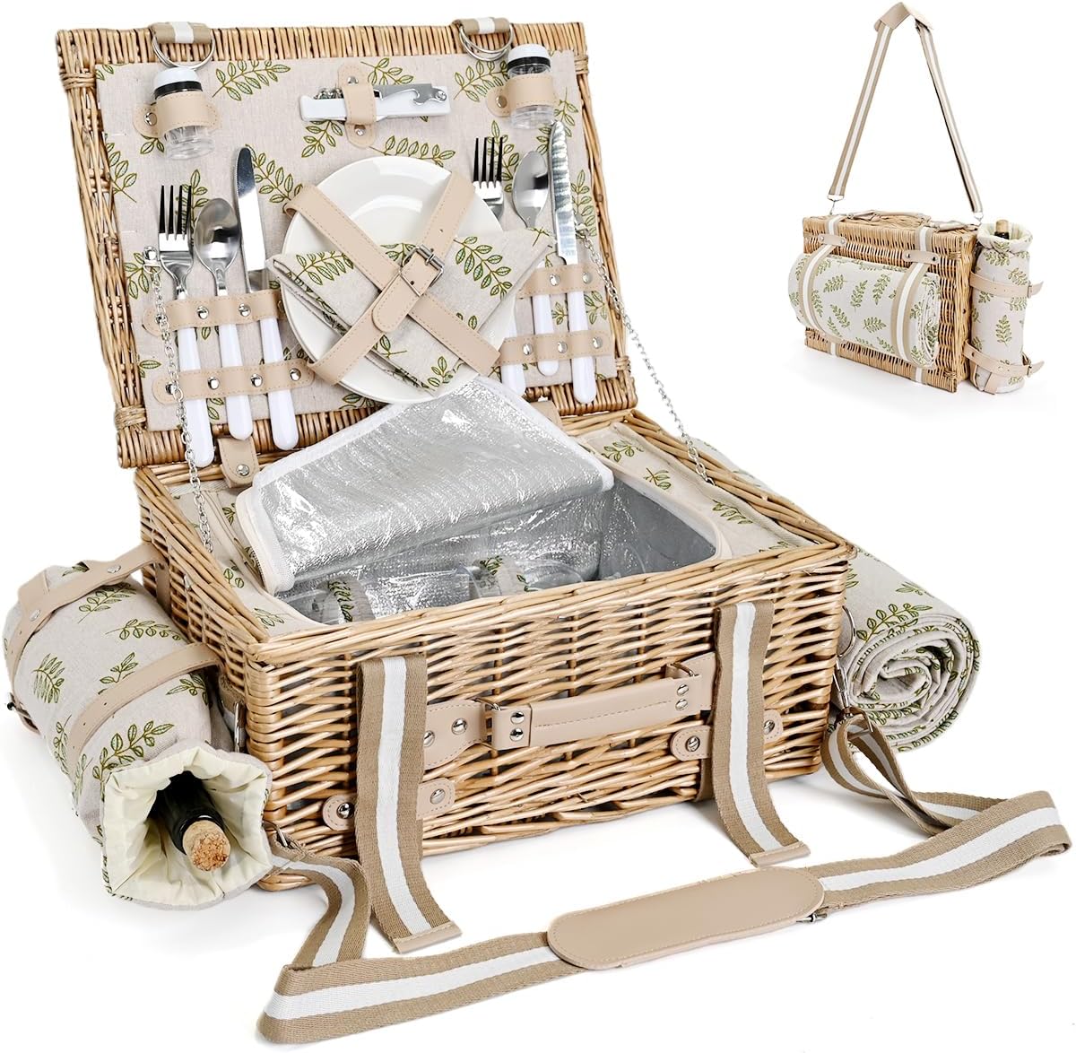 31Pcs Picnic Basket Set for 4 with Insulated Liner and Waterproof Blanket Wine Pouch, Large Wicker Picnic Hamper for Camping,Outdoor,Valentine Birthday Christmas for Couples