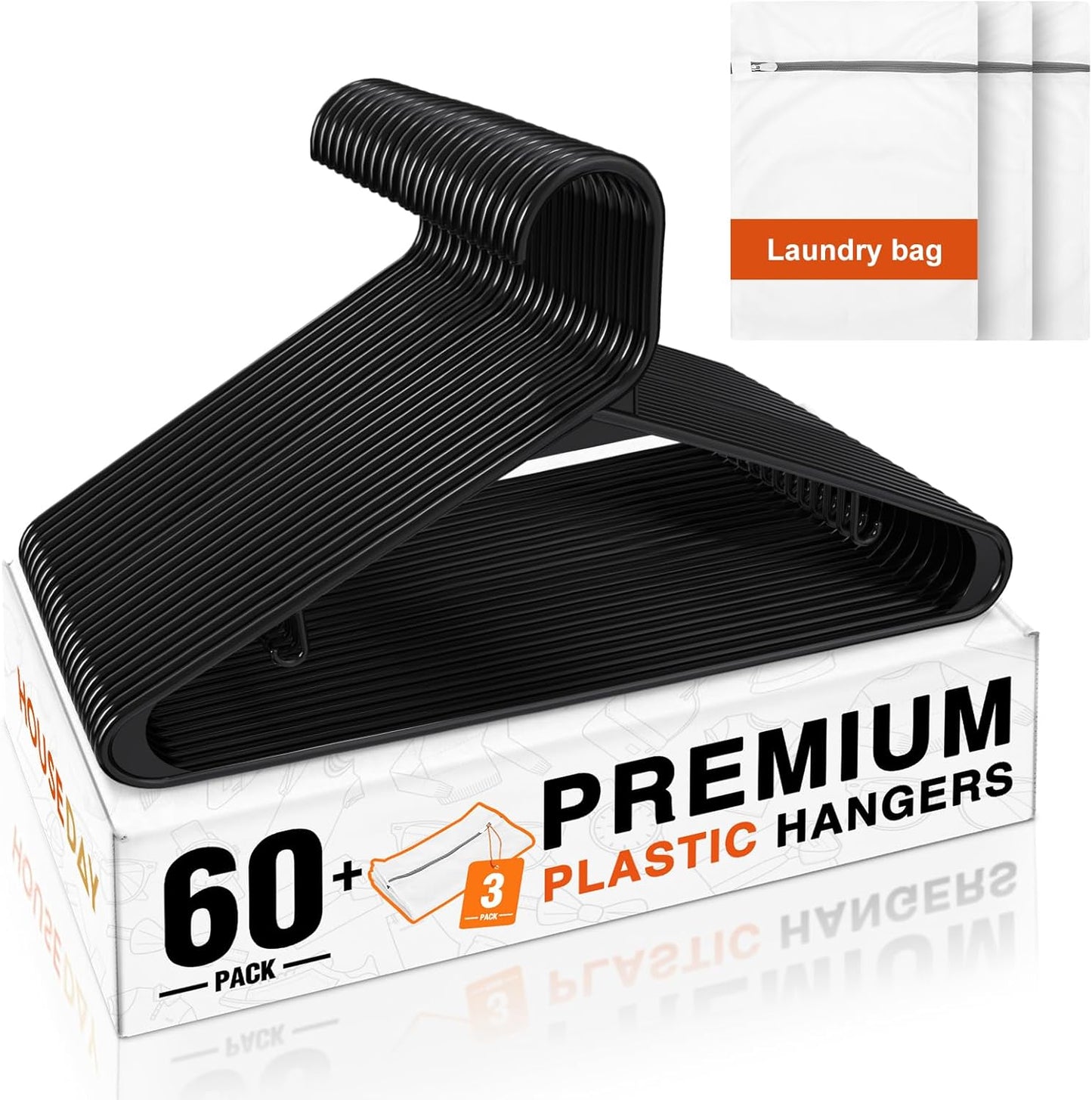 HOUSE DAY White Plastic Hangers 50 Pack, Plastic Clothes Hangers with Built-in Hooks, Durable and Strong Plastic Coat Hangers for Closet, Space Saving Clothing Hanger for Shirts, Coats, Skirt, Dress