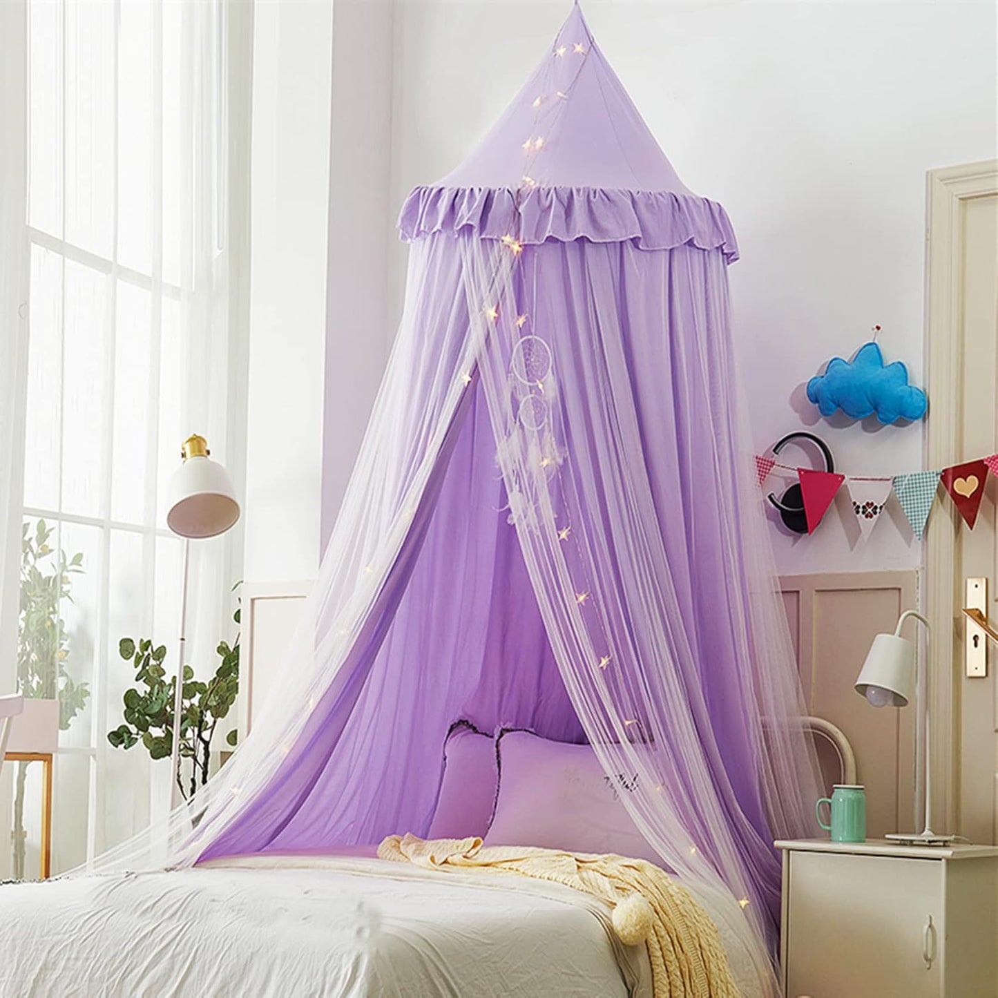 VETHIN Bed Canopy for Girls,Princess Round Dome Dreamy Mosquito Net Bedding Girls Room Castle Play Tent Hanging House Decor Reading Nook Canopies (JujubeRed)