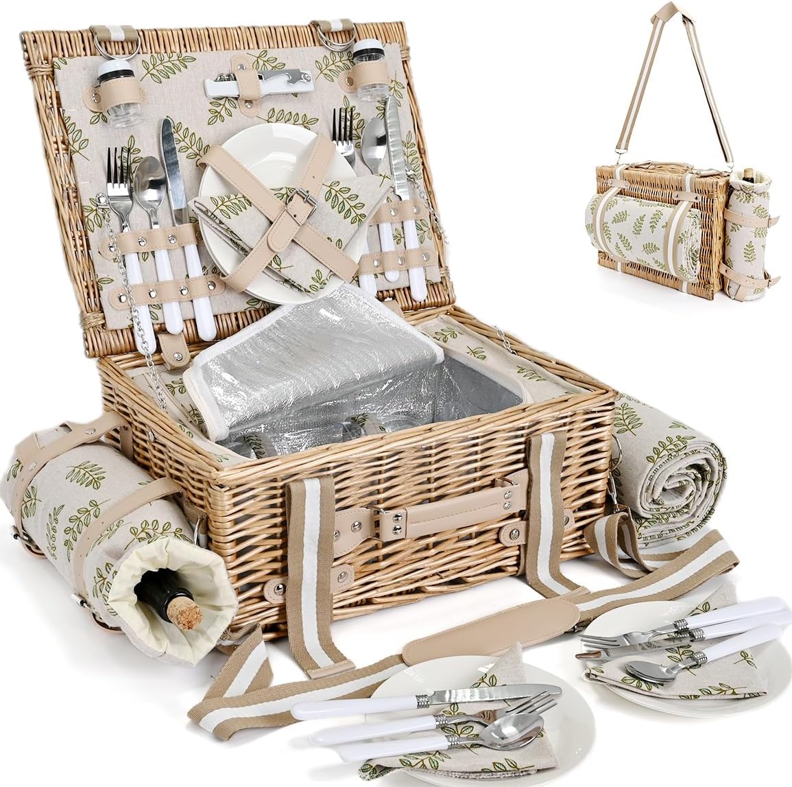 31Pcs Picnic Basket Set for 4 with Insulated Liner and Waterproof Blanket Wine Pouch, Large Wicker Picnic Hamper for Camping,Outdoor,Valentine Birthday Christmas for Couples
