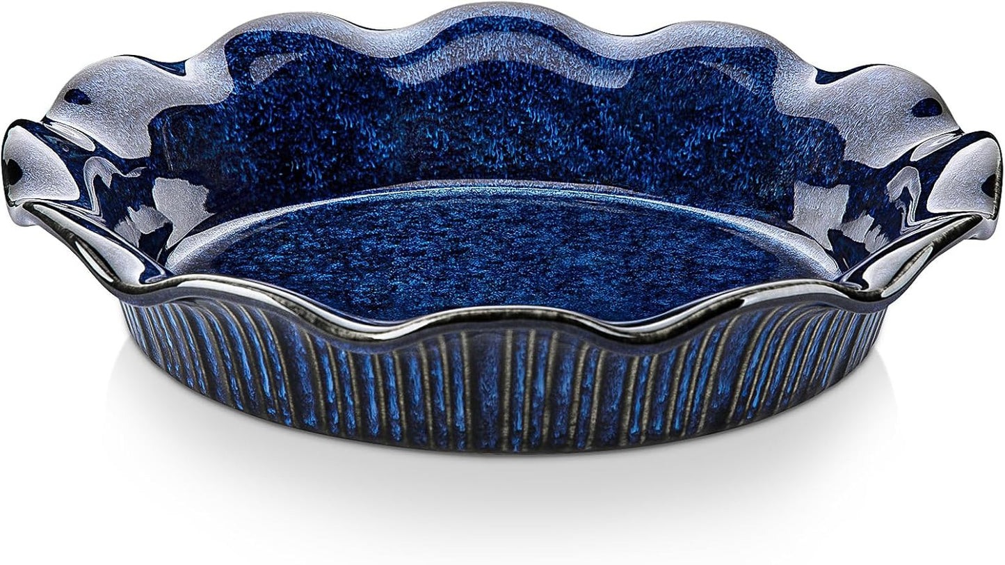 vancasso Ceramic Pie Pan for Baking, 9 inch Deep Pie Plates for Apple Pie, Pot Pie, Tart and Quiche, Reactive Glaze Fluted Pie Pans, Large Pie Dish with Ruffled Edge, Blue, STERN Series
