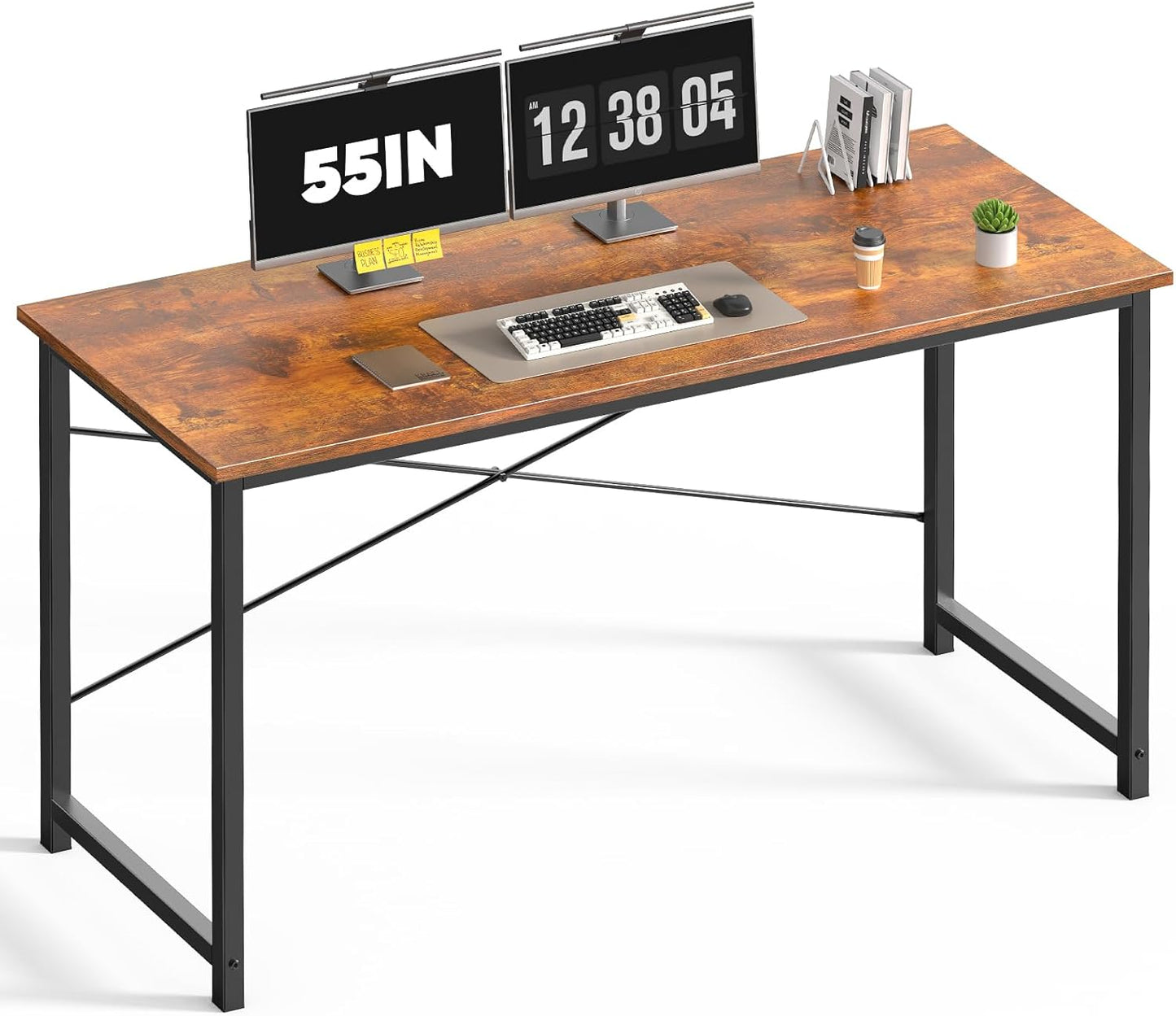 DUMOS 47 Inch Computer Desk for Home Office, Modern Writing Study Table Simple Modern Style for Bedroom Small Space, Large Work Desks with X-Shaped Reinforcement, Wood Brown