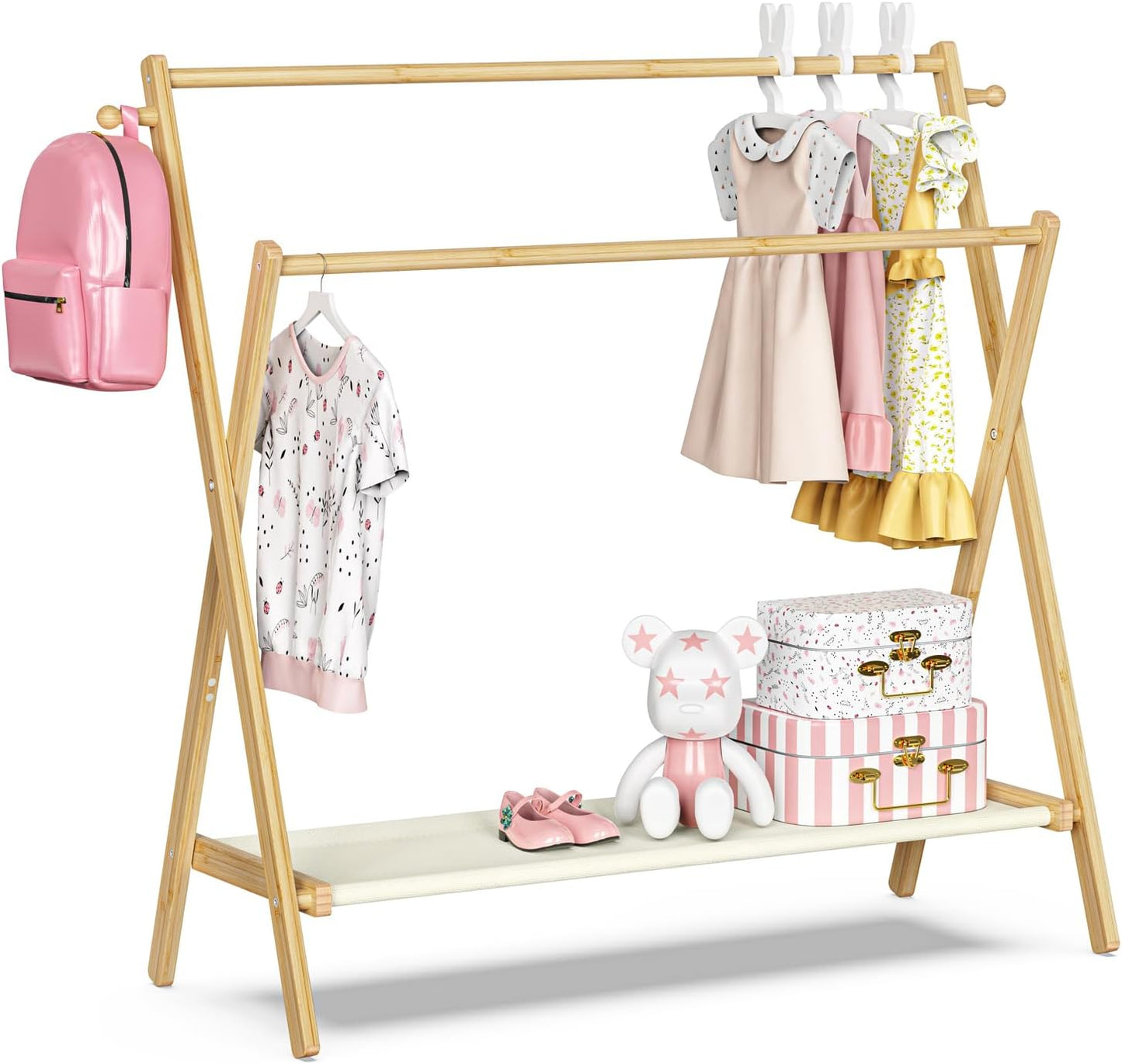 Kids Clothing Rack, Small Clothes Rack for Toddler Pets, Kids Dress Up Rack with Storage Shelf & Double Rods, Foldable Kids Clothes Rack for Nursery Child's Room (Regular Size)
