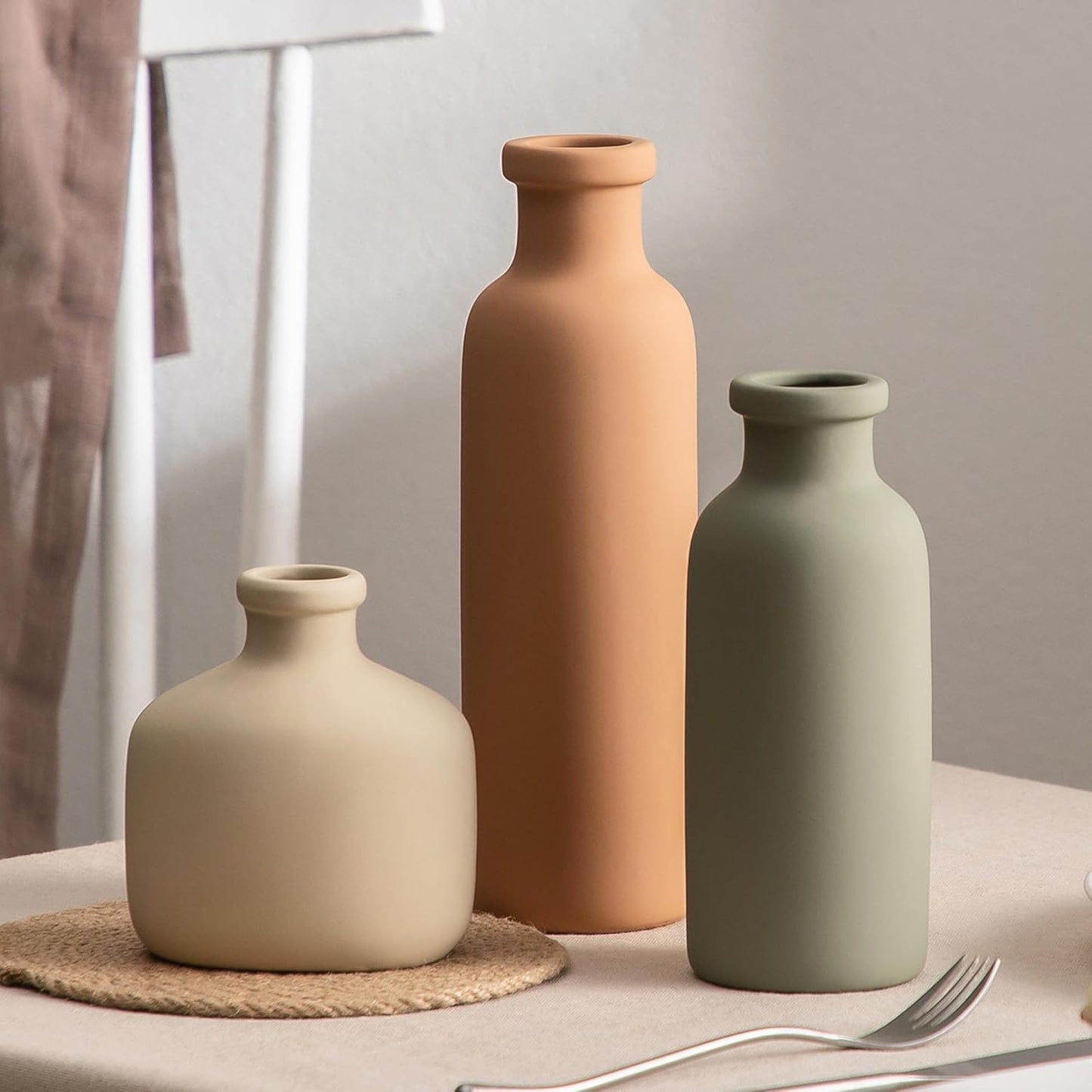 Modern Ceramic Vase Set of 3, 8 inch Simple Geometric Lines Vase for Pampas Grass Dried Fresh Flowers, Home Decor, Bedroom, Living Room, Bookshelf Decoration, Neutral Minimalist Nordic Style