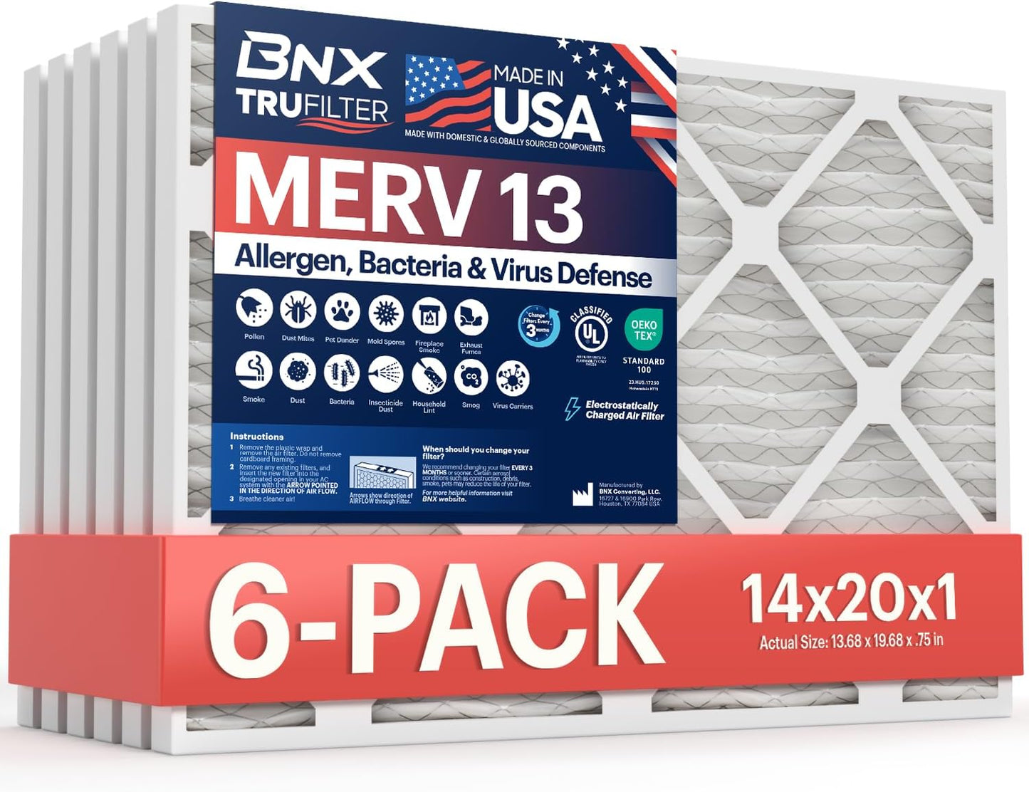 BNX TruFilter 20x20x1 MERV 13 (4-Pack) AC Furnace Air Filter - MADE IN USA - Electrostatic Pleated Air Conditioner HVAC AC Furnace Filters - Removes Pollen, Mold, Bacteria, Smoke