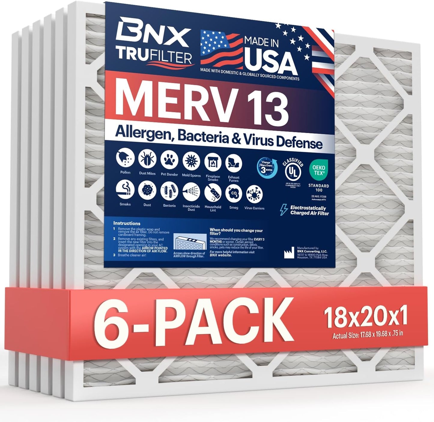 BNX TruFilter 20x20x1 MERV 13 (4-Pack) AC Furnace Air Filter - MADE IN USA - Electrostatic Pleated Air Conditioner HVAC AC Furnace Filters - Removes Pollen, Mold, Bacteria, Smoke