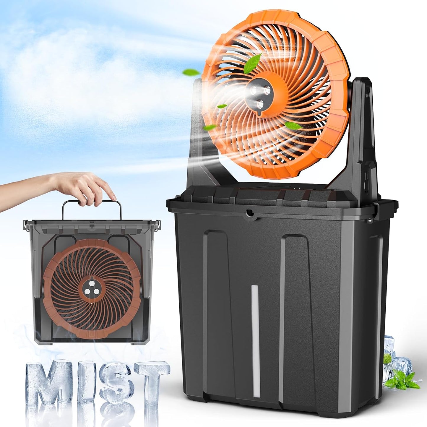 Ausic 9L Bucket Portable Misting Fan for Outdoors Patios - 10IN, 20000mAh Rechargeable Battery Operated Camping Fan, 3 Strong Winds, 3 Large Spray Outlets, for Fishing/Travel/Garden/Golf/Tent/Office