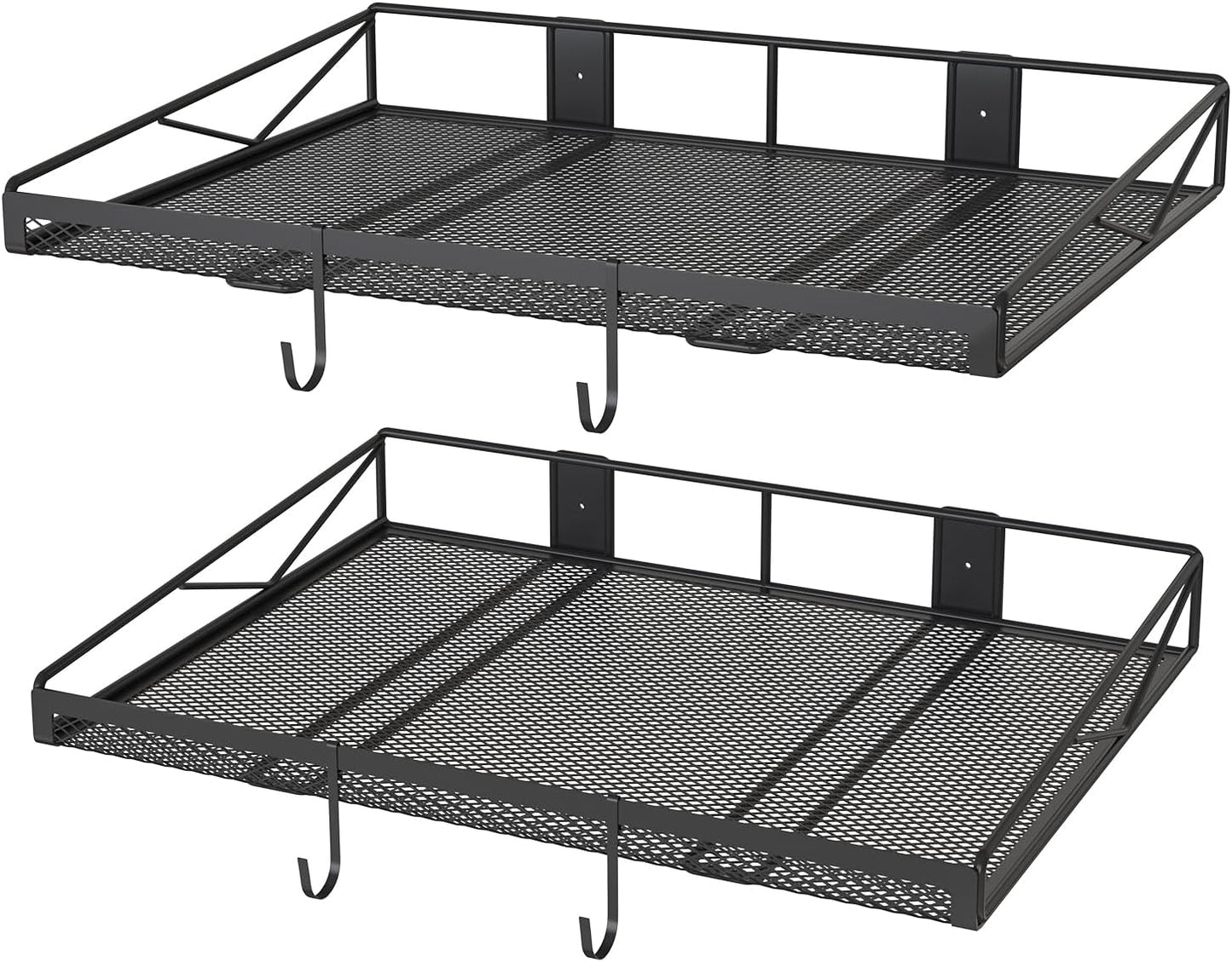 4 Pack Garage Wall Shelf, Garage Wall Mounted Shelving, Heavy Duty Floating Shelves With 8 Hooks, Loads 180 LBS Black Wall Shelves Mesh Storage Rack for Office, Basement, Wall Cabinet and Kitchen