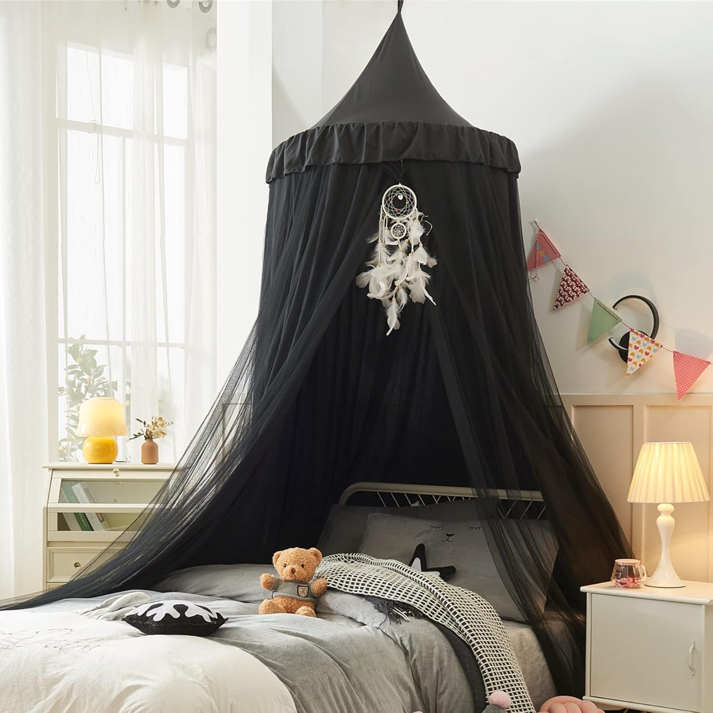 VETHIN Bed Canopy for Girls,Princess Round Dome Dreamy Mosquito Net Bedding Girls Room Castle Play Tent Hanging House Decor Reading Nook Canopies (JujubeRed)