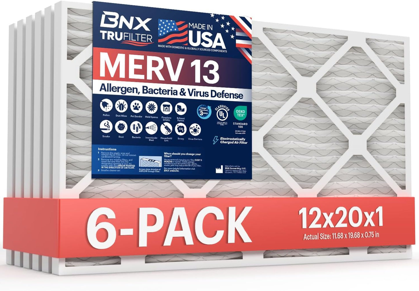 BNX TruFilter 20x20x1 MERV 13 (4-Pack) AC Furnace Air Filter - MADE IN USA - Electrostatic Pleated Air Conditioner HVAC AC Furnace Filters - Removes Pollen, Mold, Bacteria, Smoke