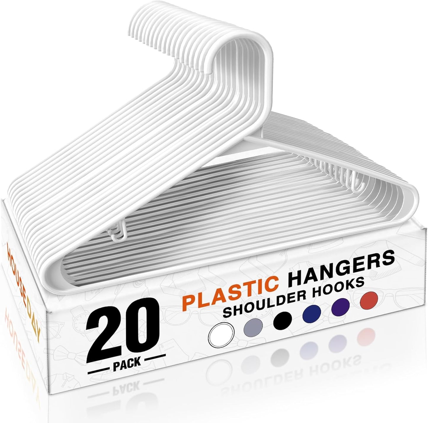 HOUSE DAY White Plastic Hangers 50 Pack, Plastic Clothes Hangers with Built-in Hooks, Durable and Strong Plastic Coat Hangers for Closet, Space Saving Clothing Hanger for Shirts, Coats, Skirt, Dress