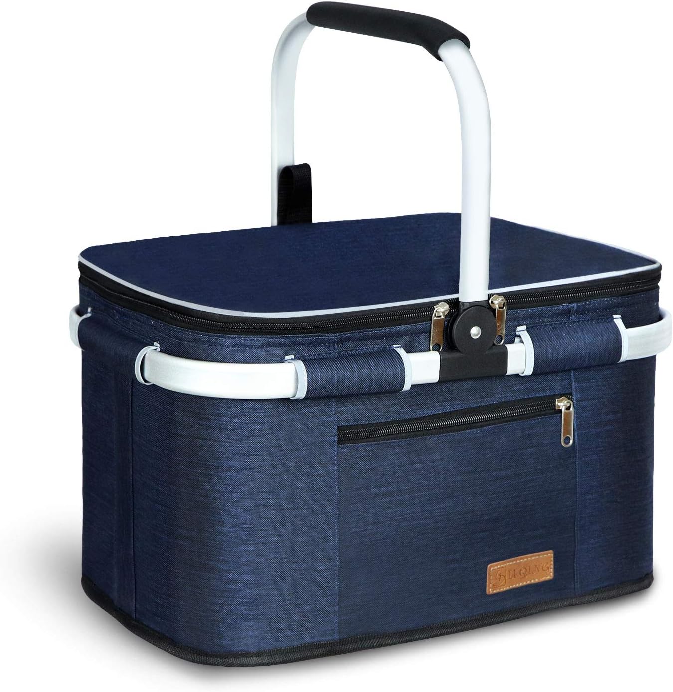LIQING 35L Large Picnic Basket 2 Layers of Internal Pockets Leak-Proof and Insulated ，Folding with Internal Support for enhansed Stability, Wedding Gifts for Couple(Grey)