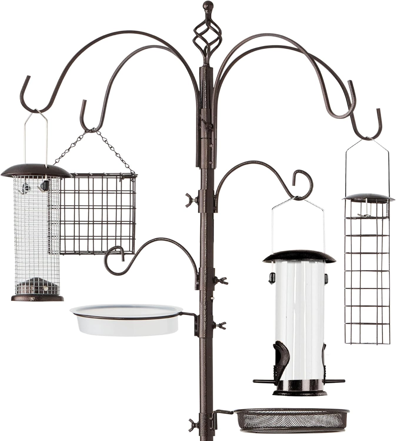 Best Choice Products 6-Hook Bird Feeding Station, Steel Multi-Feeder Kit Stand for Attracting Wild Birds w/ 4 Bird Feeders, Mesh Tray, Bird Bath, 5-Prong Base - Black