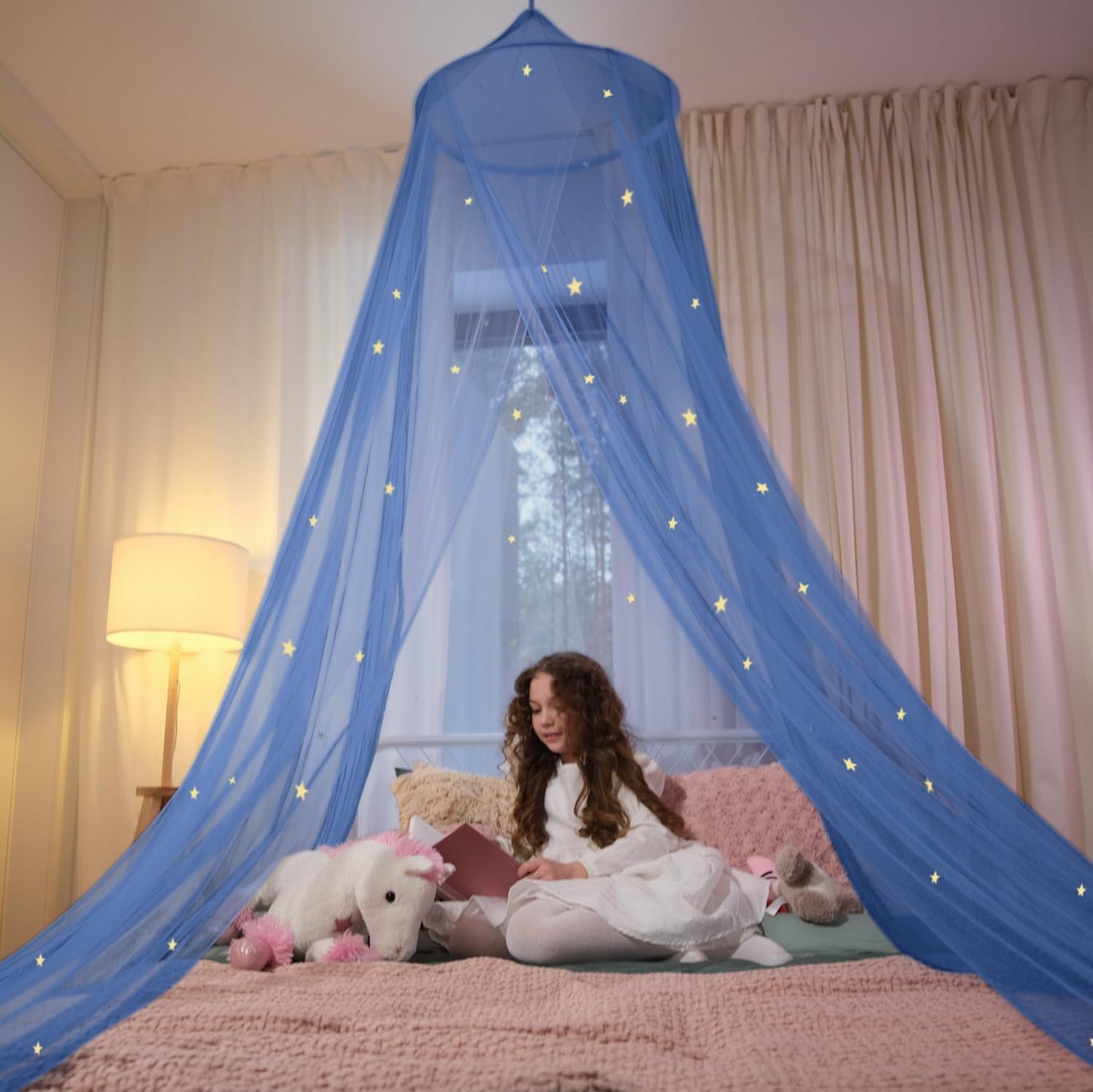Pink Bed Canopy for Girls with Glowing Stars - Premium Canopy Bed Curtains | Fits Single, Twin, Full, Queen Size Kids Bed, Princess Netting Room Decor, Ceiling Tent to Cover Toddler, Canopy for Bed