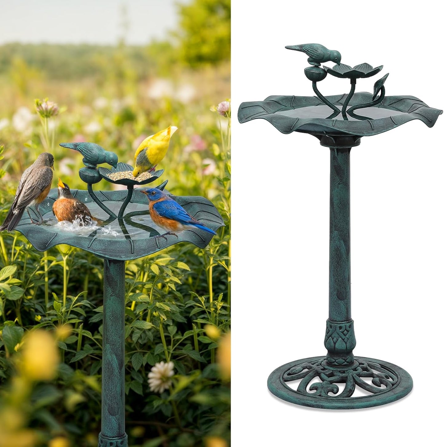 Athena Collection 37'' Height Bird Bath Vintage Pedestal Birdbath Electric Water Fountain with Recirculating Pump Polypropylene Floral Accents 3 Tier Birdbath for Outside, Patio, Garden, Green