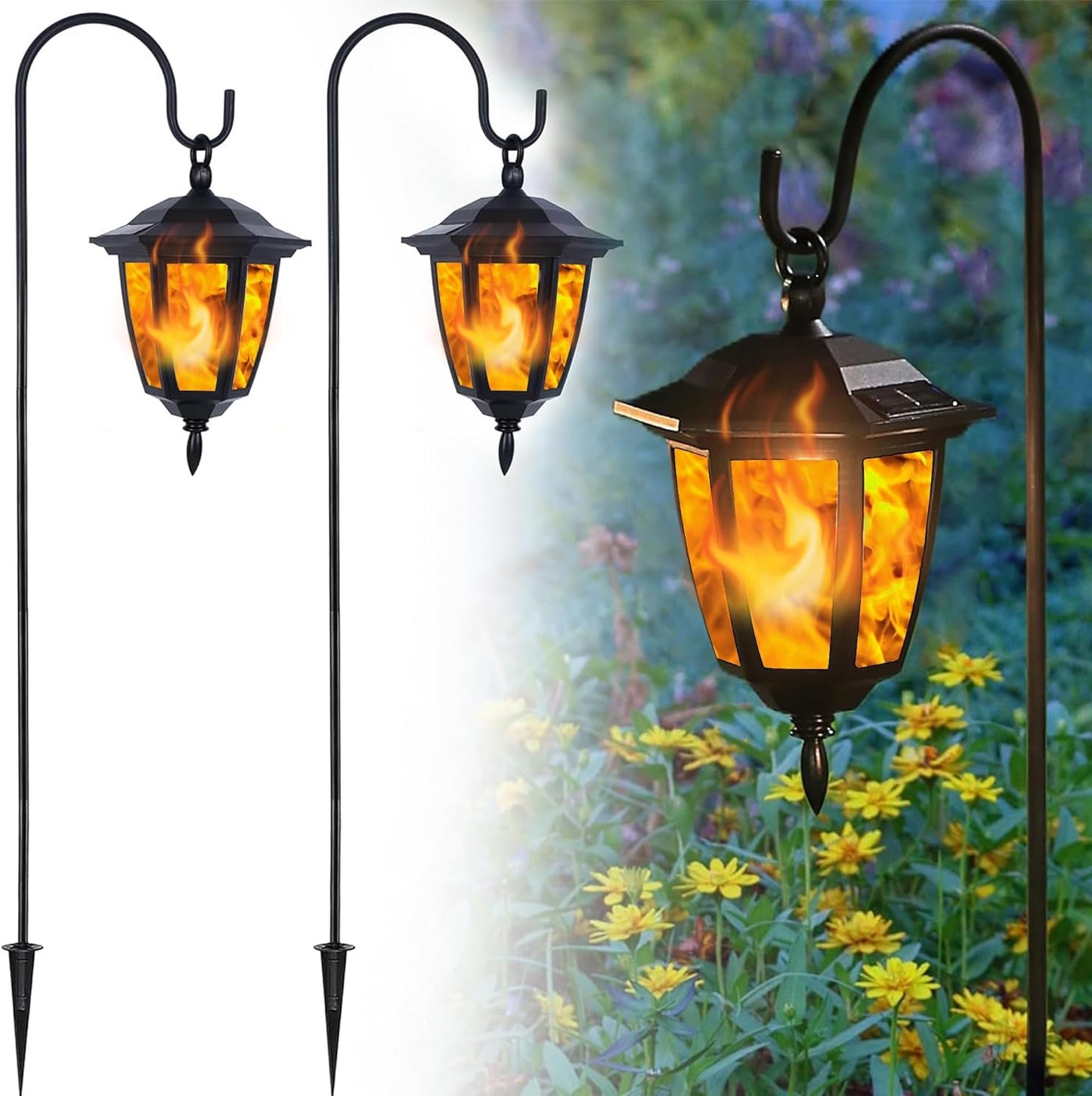 Dynaming 6 Pack Solar Flame Hanging Lights Outdoor, Halloween Solar Flickering Flame LED Garden Lanterns with 6 x 38 Inch Shepherd Hooks, Christmas Lighting for Lawn Patio Yard Pathway Driveway