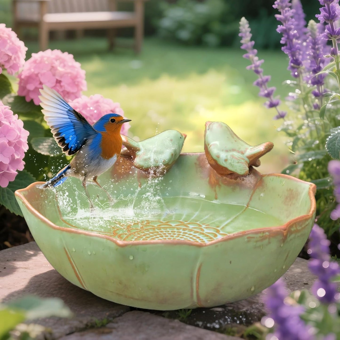 Solar Fountain Ceramic Bird Bath for Outdoors Hummingbird Solar Bubbler Fountain with Ground Ceramic Bird Baths Bowl for Outside, Large Table Top Garden Décor for Patio, Yard & Home