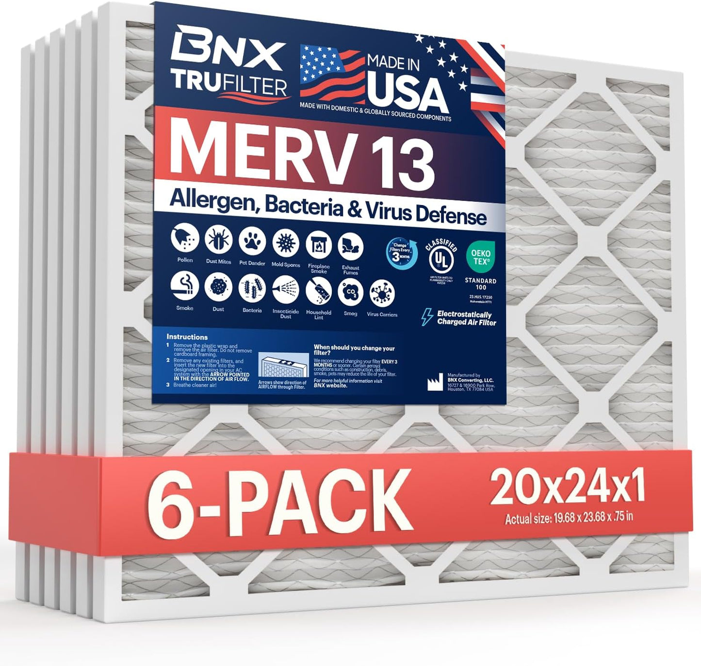 BNX TruFilter 20x20x1 MERV 13 (4-Pack) AC Furnace Air Filter - MADE IN USA - Electrostatic Pleated Air Conditioner HVAC AC Furnace Filters - Removes Pollen, Mold, Bacteria, Smoke