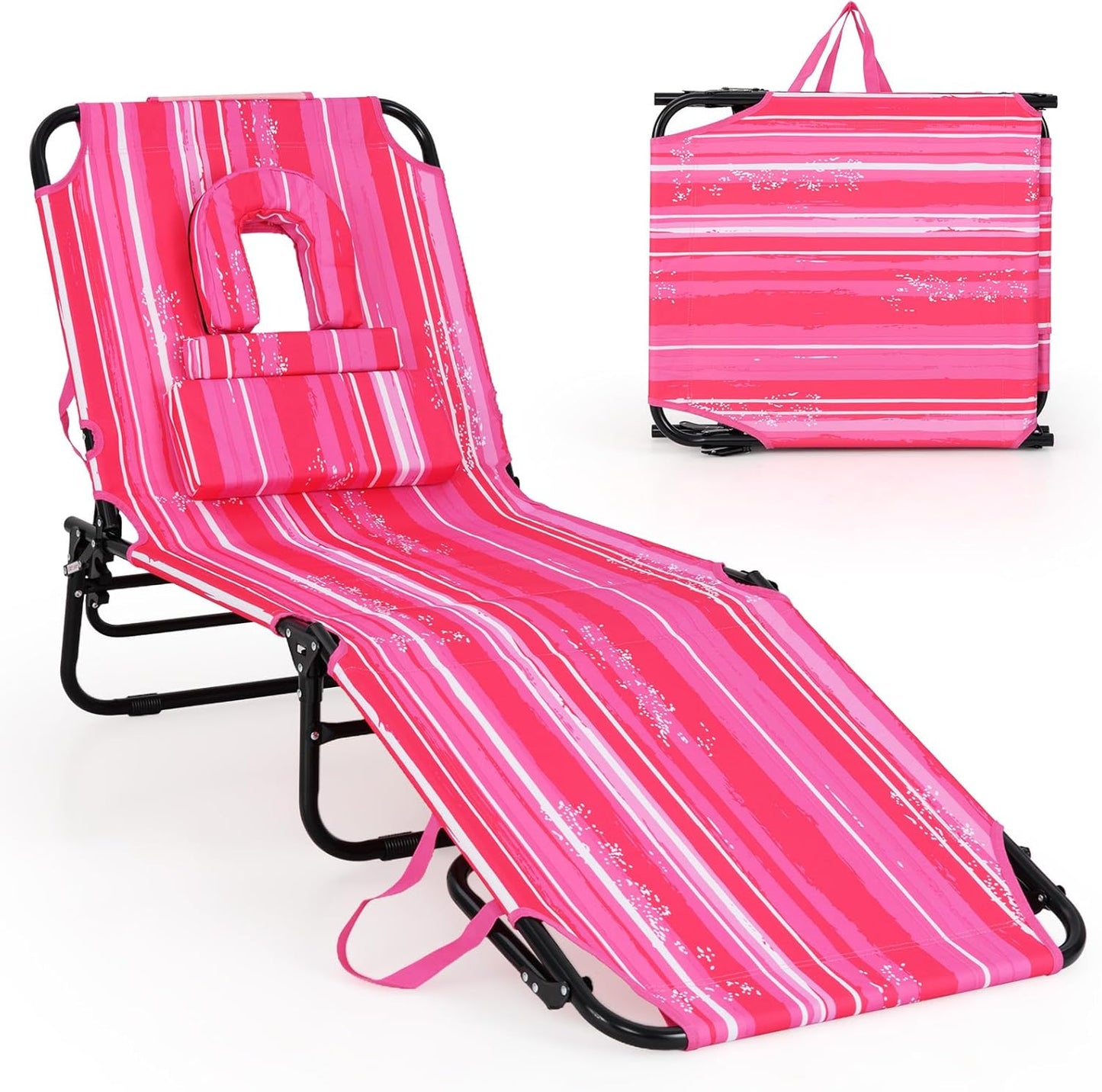 GYMAX Tanning Chair, 330lbs Beach Lounge Chair with Face Hole, Washable Pillow & Carry Strap, Adjustable Folding Chaise Lounge, Layout Chair for Outside, Patio, Poolside, Lawn (1, Stripe)