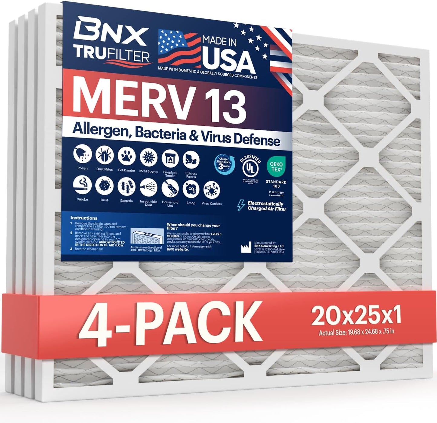 BNX TruFilter 20x20x1 MERV 13 (4-Pack) AC Furnace Air Filter - MADE IN USA - Electrostatic Pleated Air Conditioner HVAC AC Furnace Filters - Removes Pollen, Mold, Bacteria, Smoke