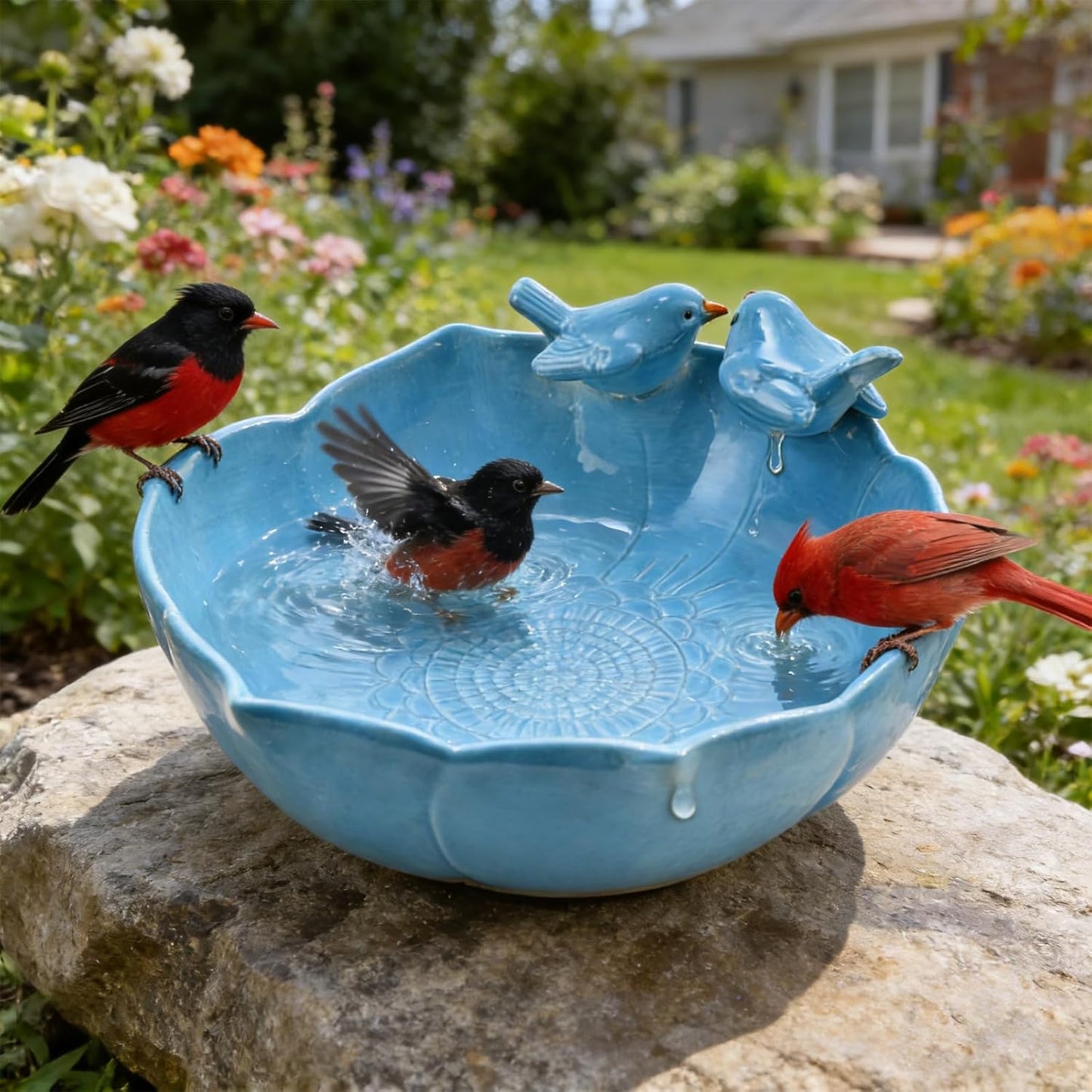 Solar Fountain Ceramic Bird Bath for Outdoors Hummingbird Solar Bubbler Fountain with Ground Ceramic Bird Baths Bowl for Outside, Large Table Top Garden Décor for Patio, Yard & Home