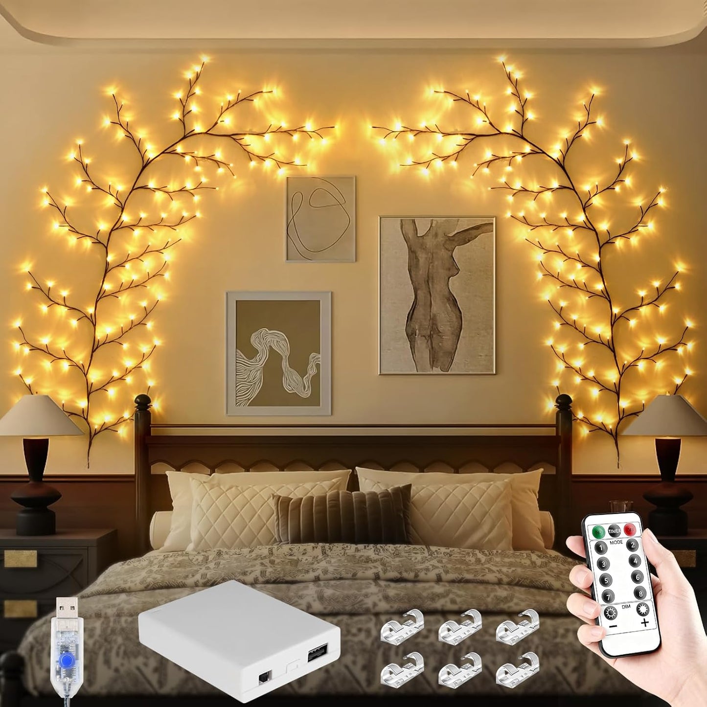 Cherry Enchanted Willow Vine Lights, 4FT 48LED Pink Cherry Blossom Tree Branch Lights for Wall, Remote Timer,8 Light Model,Bedroom Wall Doors Wedding, Christmas, USB Battery Box