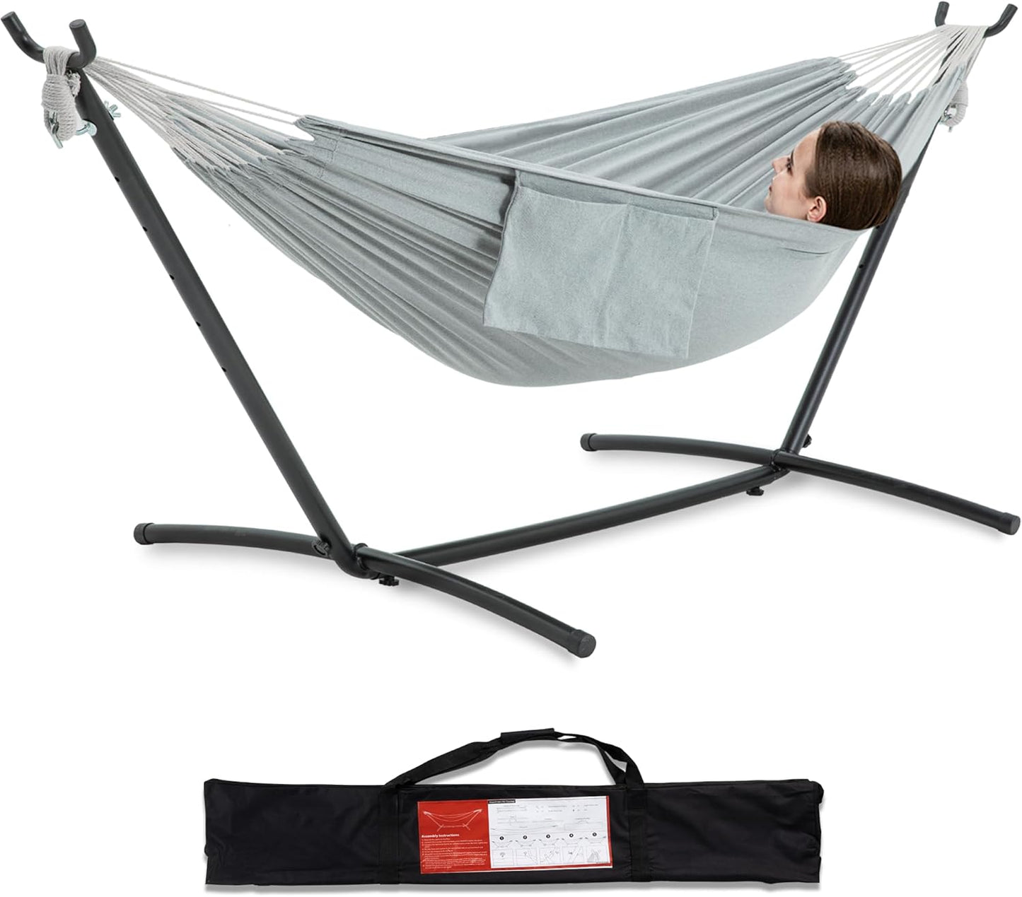 PNAEUT Double Hammocks with Stand for Outside, Portable Space Saving Heavy-Duty Steel Frame for Indoor Outdoor Patio Yard, Easy Assembly, 2 Person 450 lbs Capacity (Coffee)