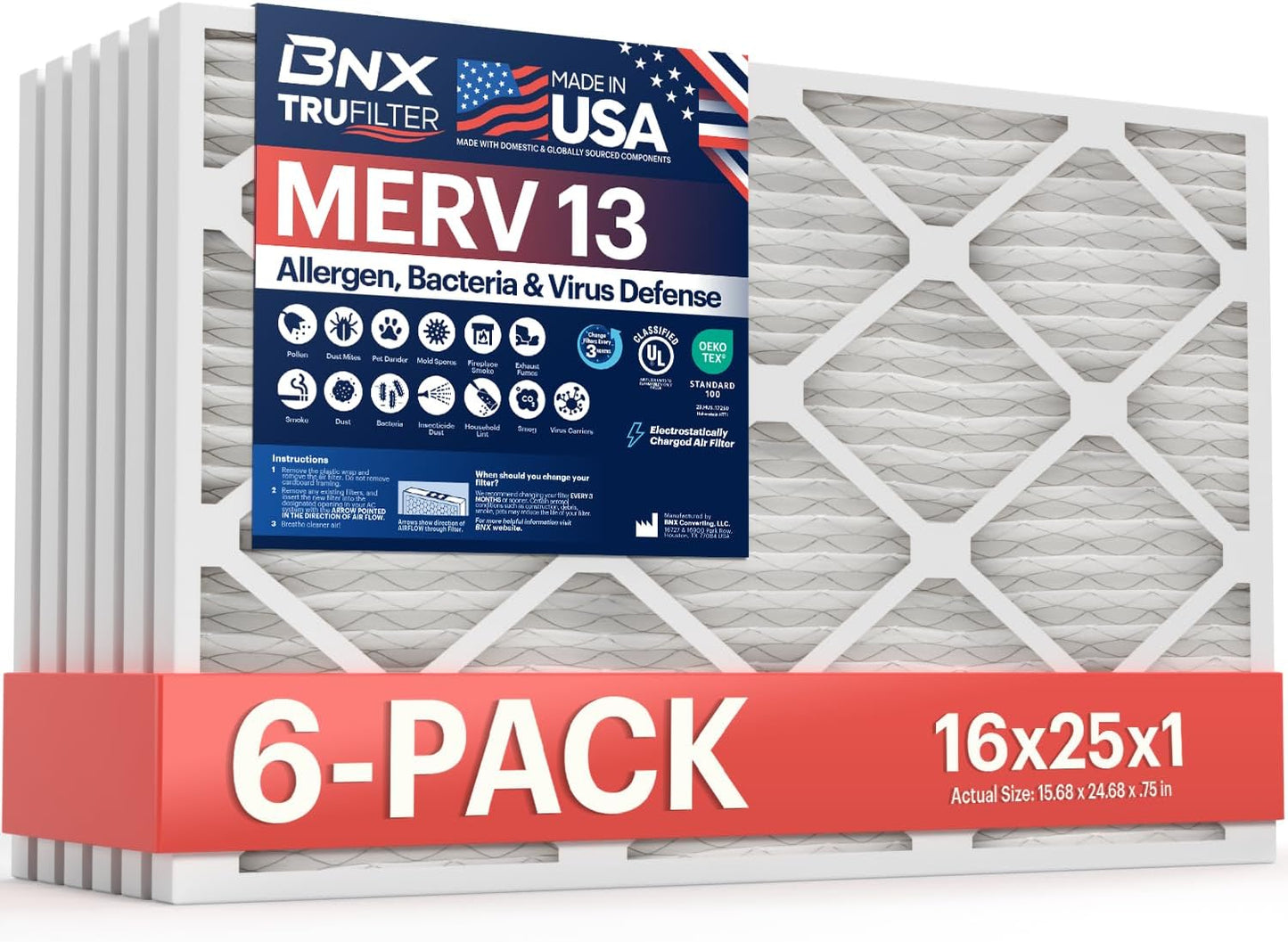 BNX TruFilter 20x20x1 MERV 13 (4-Pack) AC Furnace Air Filter - MADE IN USA - Electrostatic Pleated Air Conditioner HVAC AC Furnace Filters - Removes Pollen, Mold, Bacteria, Smoke