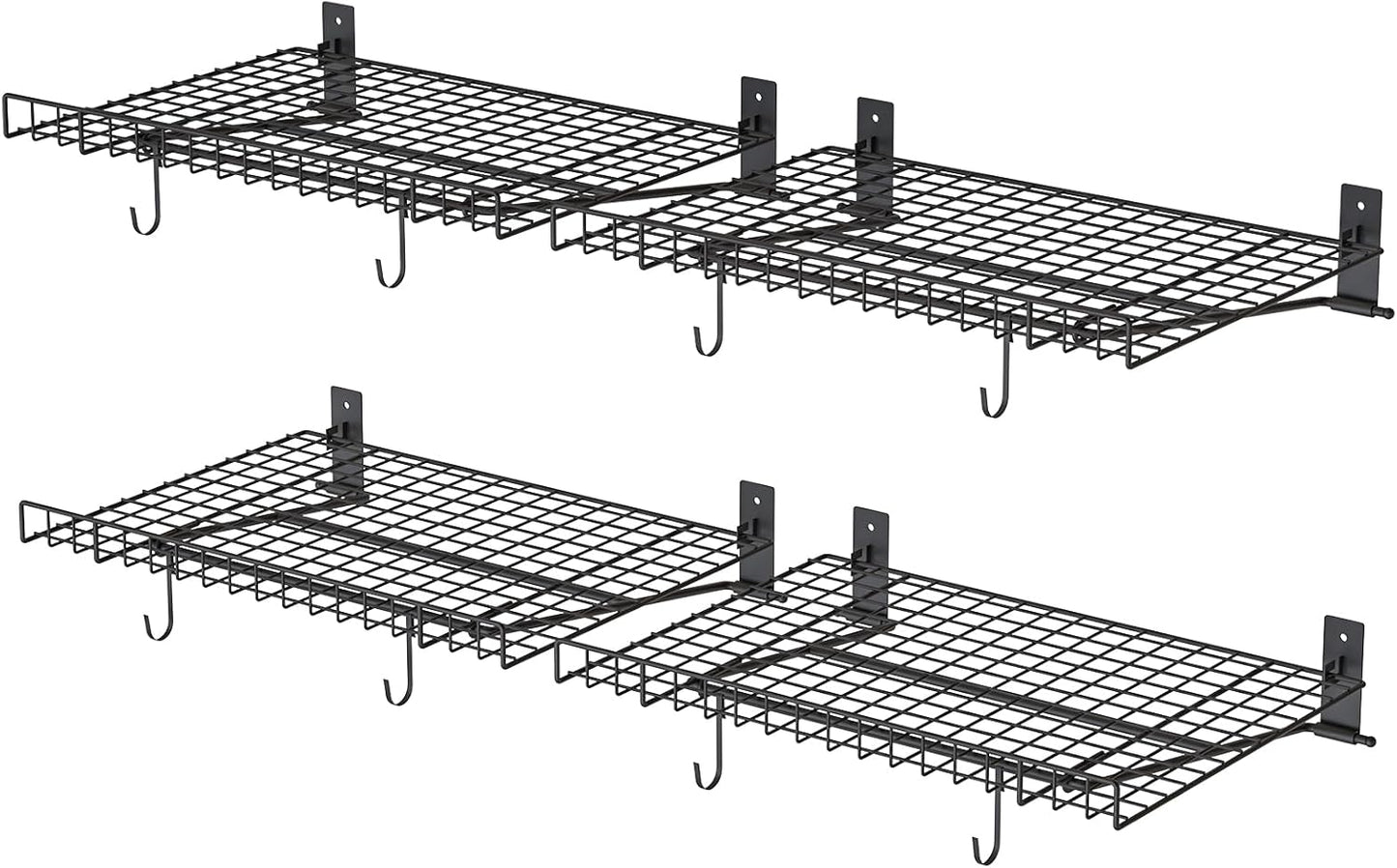 4 Pack Garage Wall Shelf, Garage Wall Mounted Shelving, Heavy Duty Floating Shelves With 8 Hooks, Loads 180 LBS Black Wall Shelves Mesh Storage Rack for Office, Basement, Wall Cabinet and Kitchen