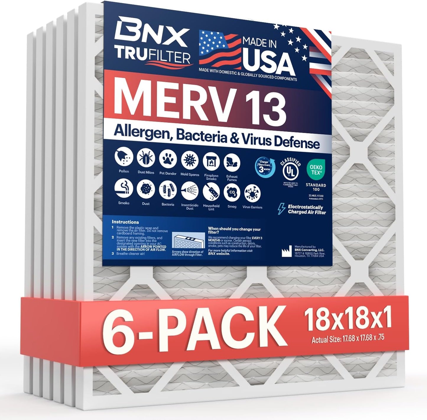 BNX TruFilter 20x20x1 MERV 13 (4-Pack) AC Furnace Air Filter - MADE IN USA - Electrostatic Pleated Air Conditioner HVAC AC Furnace Filters - Removes Pollen, Mold, Bacteria, Smoke